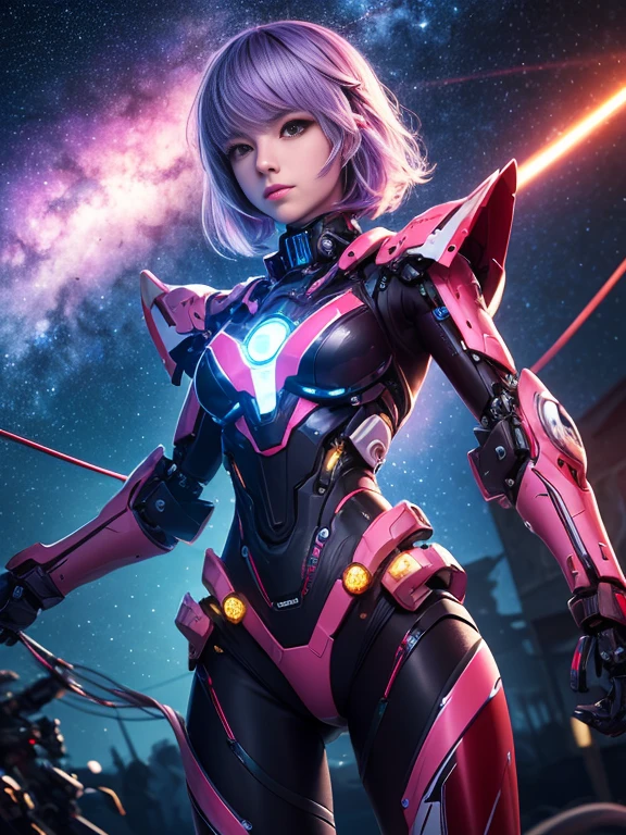 tmasterpiece, high high quality, A high resolution, high textured, 8K, HighDynamicRange, Robot girl in bikini costume, Medium breasts, Pink transparent tights, mechs, cyanhair, By bangs, Blue light sparkling eyeechanical body，Mechanical prosthetics, Mechanical jointechanical leg, Blood vessels connected to the tube, mechanical cervical attachment to the neck, wires and cables connecting to head,, Small LED lampessy  hair, Detailed skins，fine-grained skin, natta，Starry Sky Battlefield