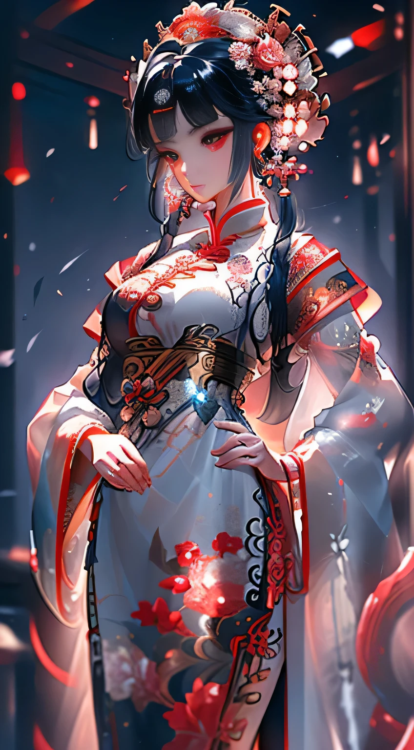 CG 8k wallpaper, masterpiece, best quality, ultra-detailed:

 Imagine a breathtaking scene of a beautiful young girl named Ningguang, dressed in a stunning ornate white evening gown made of delicate orchids. Her long, cascading white hair is adorned with intricate hairpins and ornaments, framing her delicate face that boasts of long bangs. Her eyes, distinctively red, are full of wisdom and allure.

 The image is rendered in extremely high detail, showcasing every intricacy of Ningguang's dress and ornaments. The high saturation colors add a vibrant and dynamic quality to the image,