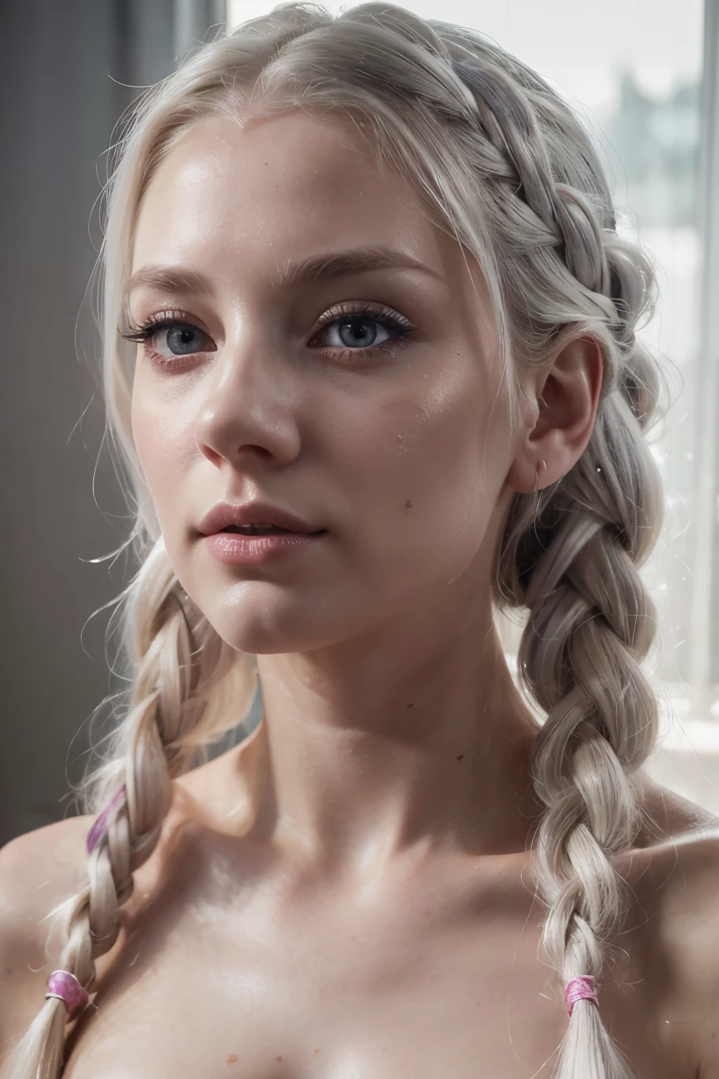 (best quality,4k,highres),ultra-detailed,realistic, gloomy, shadowy, natural light, 1 beautiful 30 year old woman, porcelain skin, albino, beautiful detailed eyes, beautiful detailed lips, long eyelashes,white hair with pink highlights, long braids