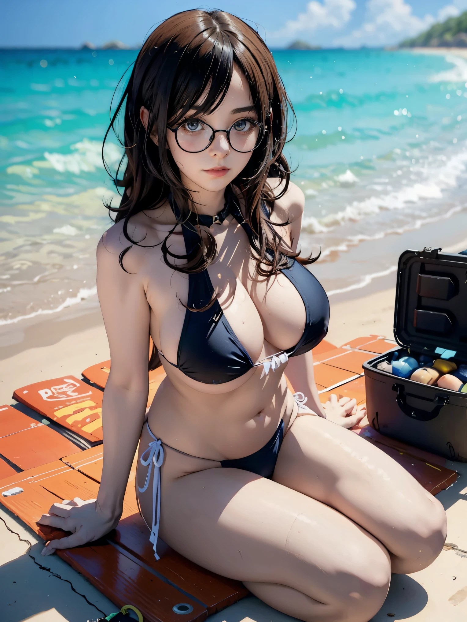 Anime woman in a bikini and glasses sitting on a beach, a character portrait by Shitao, pixiv contest winner, serial art, extremely detailed art germ, at a beach, at the beach, Cuisinart krenz key art feminine, top rated on pixiv, kantai collection style, guweiz, style art germ, swimsuit with a closed belly, worn around the neck and extending above the chest, sideboob swimsuit