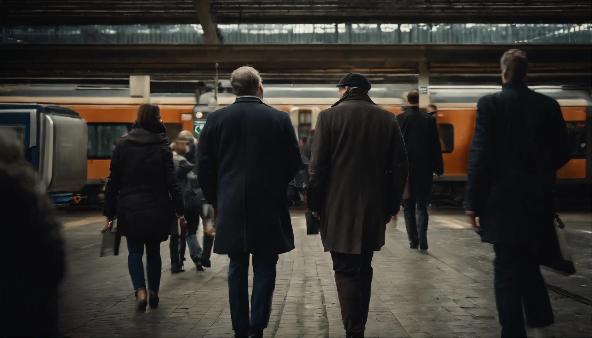 Close up a business man among Crowded Motion people walking at train station, contrast, vibrant, realistic, detailed, 8K