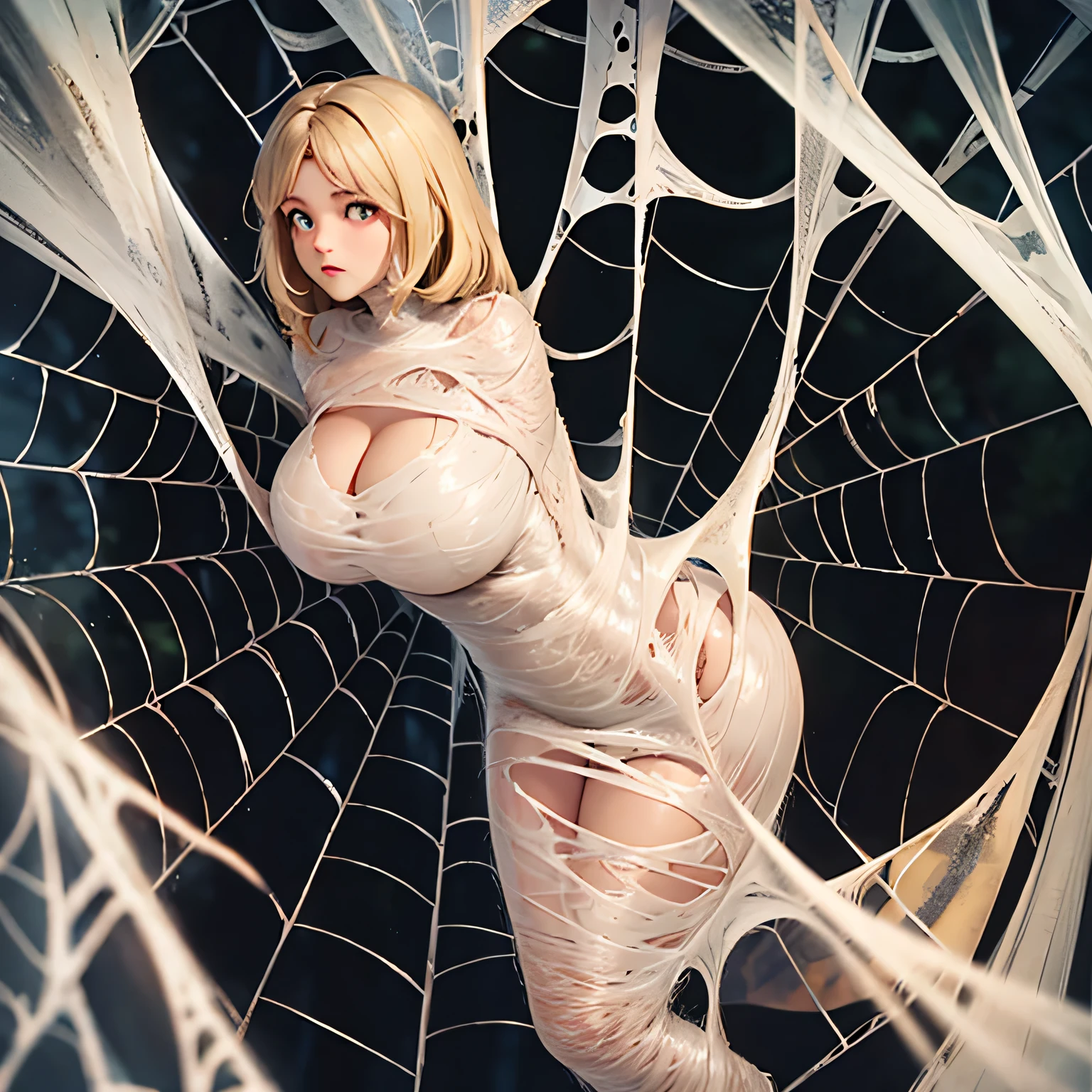 a girl entangled in the spider web, struggle, detailed classroom, (cocoon:1.3), spider web, hanging, spider in the web, spider