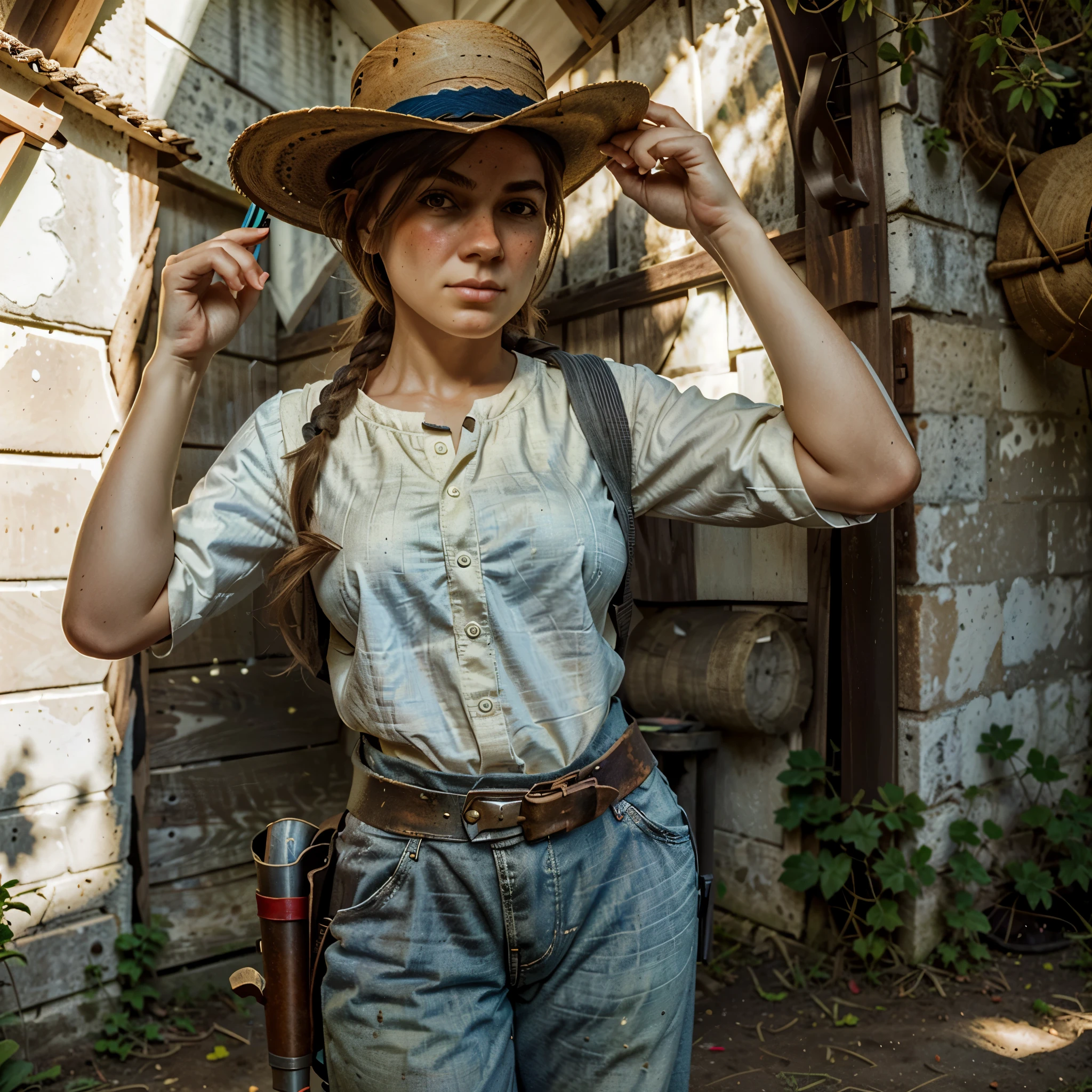 ((ultra detalhado, obra de arte, melhor qualidade))
RDR2Sadie, 1 garota, Sozinho, Cabelo loiro, Em meio a uma paisagem de pradaria, wide-brimmed hat, a luz do sol da hora dourada banhando o campo aberto, standing with hand on a holstered revolver