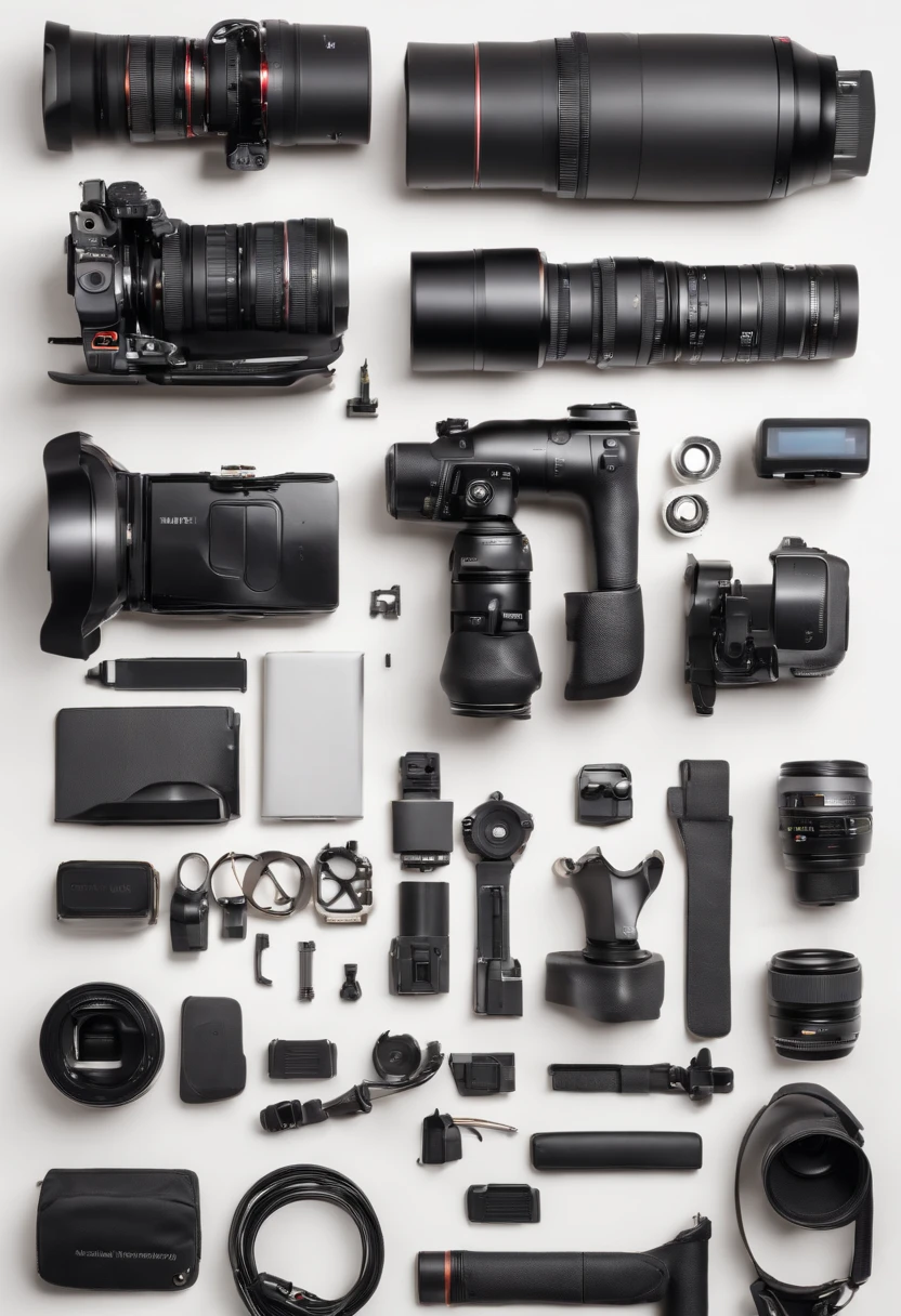 generates the image of a professional camcorder completely disassembled with the parts together on a wooden table with a white background