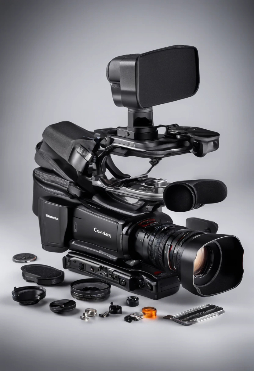generates the image of a professional camcorder completely disassembled with the parts together on a wooden table with a white background
