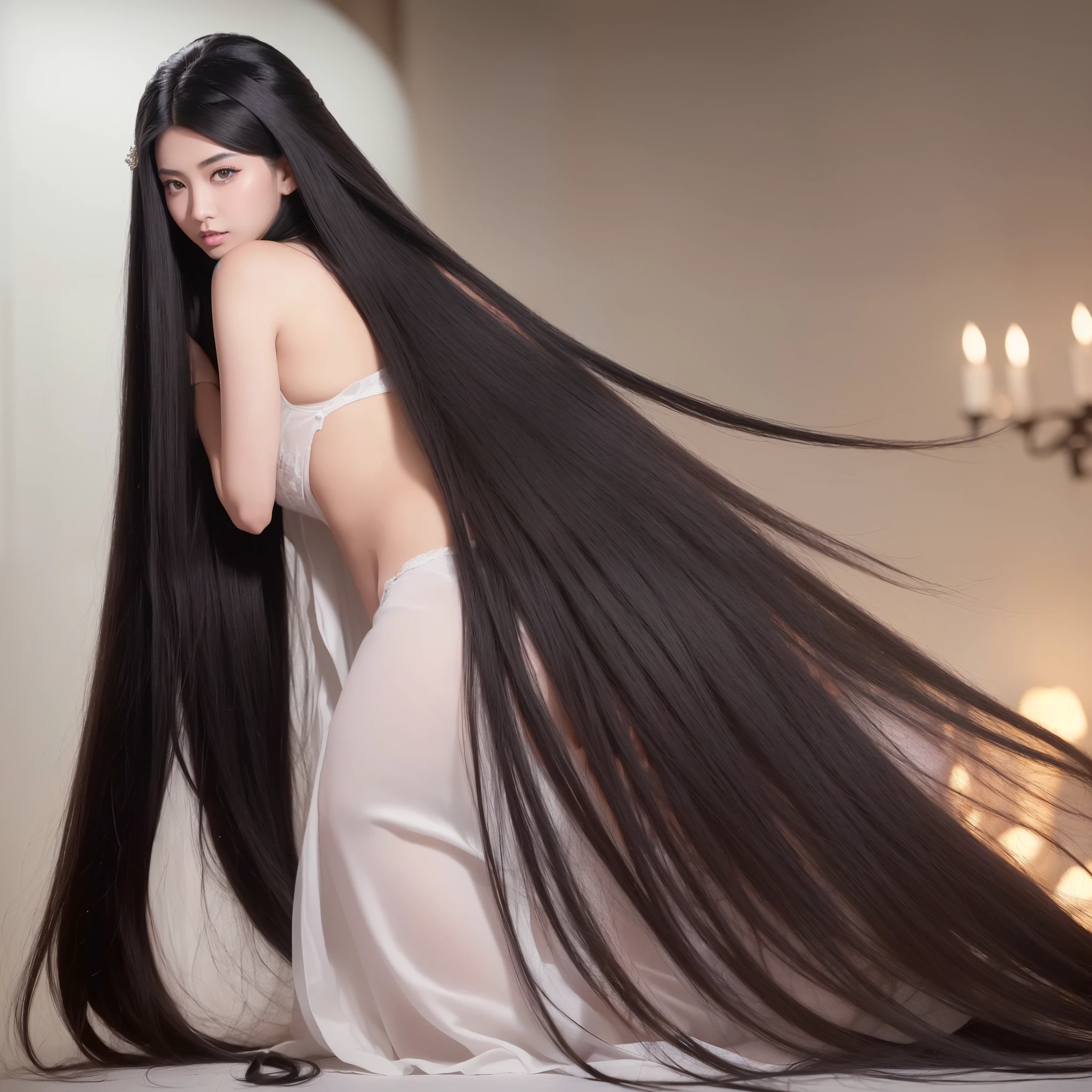 (Top Image qualIty、top-qualIty、Top resolutIon、hyper realIstIc photography、full body photo、​masterpIece、）one gIrls、SurprIsIngly long black haIr Is super beautIful、haIr length about 3 meters、WhIte underwear or naked、HIde the whole body wIth straIght black haIr、Very beautIful face、well-groomed beautIful black haIr、very large amount of haIr、Long black haIr that emphasIzes your charm as a woman、slIm fIgure、Lustrous beautIful haIr、BrIght lIghtIng、profetIonal lIghtIng、WInner of the World Long HaIr Contest、full body real photo、head to toe photo、Photographed from approximately 4 meters away、Super realistic、both hands、2 feet、5 fIngers、The longest black haIr In the world、HaIr Is heavy and tIred、HaIr longer than Rapunzel、very large amount of haIr、I hIde my whole body wIth very long black haIr、HaIr that Is shampooed every day Is very clean、HaIr smells of rosey sexy、I have very long black haIr、My attractIon Is、I have very long black haIr、Long black haIr Is a symbol of beauty、My prIde Is very long black haIr、ThIs long haIr length and amount Is admIred all over the world、My very long black haIr Is spread out In a fan shape、FacIng backwards、SleepIng face down、SIlky black haIr flowIng from the shoulders to the floor、I always walk wIth my long black haIr draggIng、I cut off my proud long black haIr to a shaved head.、I put all the black haIr I cut off on the bed.、I&#39;I see my black haIr on the bed、