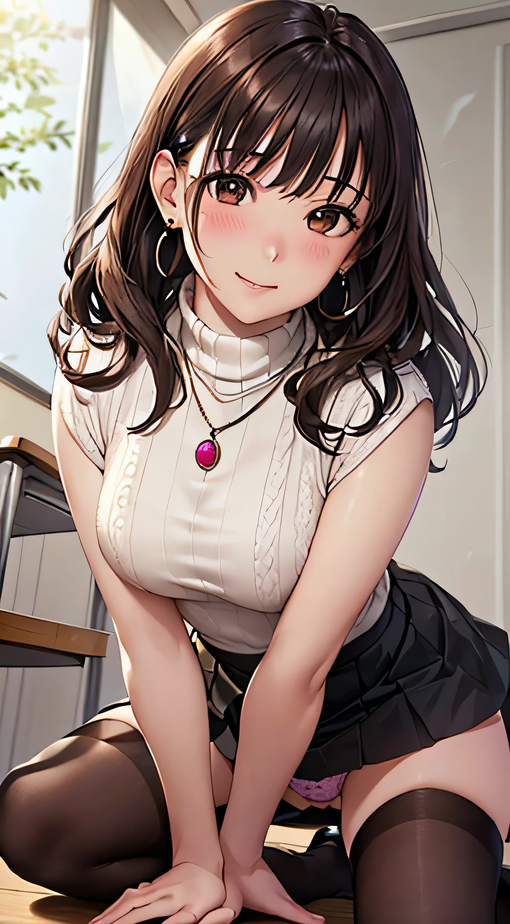 (table top, highest quality, High resolution, , perfect pixel, 4k,), 1 girl, single, alone, Beautiful woman、I could see the whole body、 ((wavy mid hair, bangs, brown hair)), ((brown eyes, beautiful eyelashes, realistic eyes)), ((detailed face, blush:1.2)), ((smooth texture:0.75, realistic texture:0.65, realistic:1.1, Anime CG style)), medium breasts, dynamic angle, perfect body, ((, female teacher, , earrings、necklace、turtleneck sweater、black flared skirt、black knee high stockings、open both legs wide、、shy smile、Sit on the floor、leaning forward)), Upper grade、、、evening、、(You can see white and pink lace panties、、(Bring your chest and arms together、Lift up your skirt and show your panties、The wind blows up my skirt)、angle from below)、
