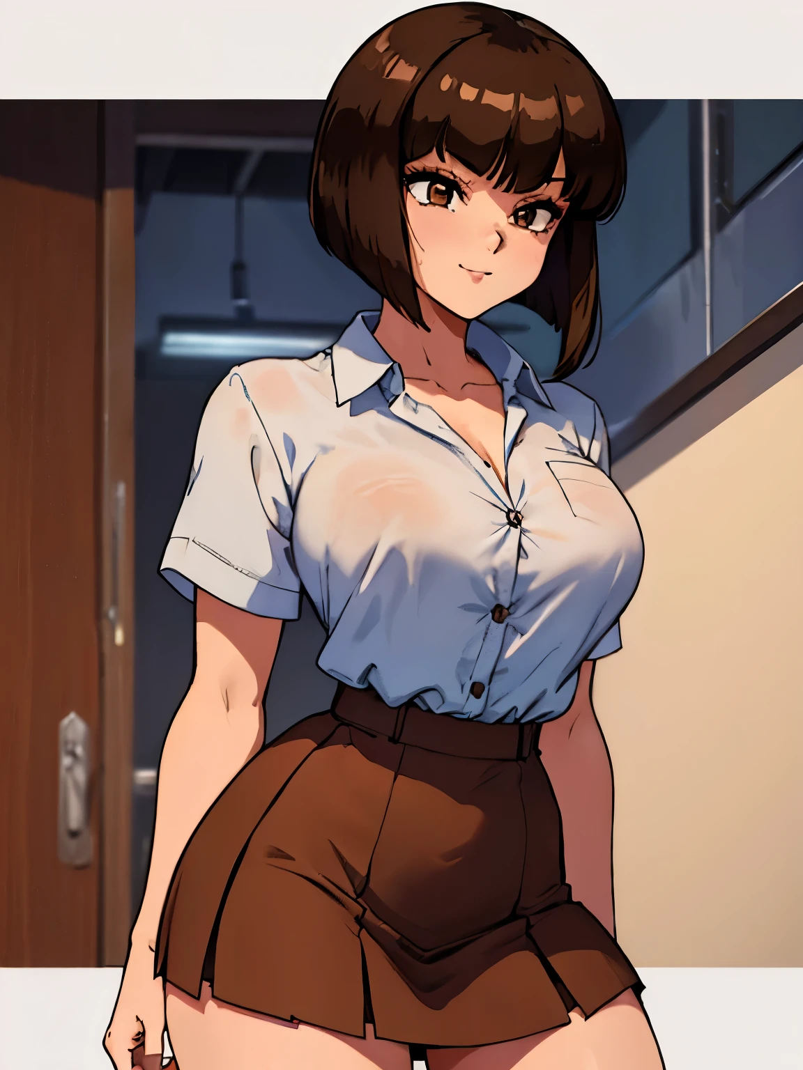 nabiki_tendou, precious girl standing solo,((school shirt unbutton exhibing tits)), bobcut brown-haired with bangs, (large brown eyes), thick lips, charming smile, perfect body, thin waist, ((hands behind back)), (circle school miniskirt:1.3), perfectt lesg, thick thighs, ((plain background:1.3)), midday time, best quality, close-up shot, masterpiece, uhdd, best_quality, highres