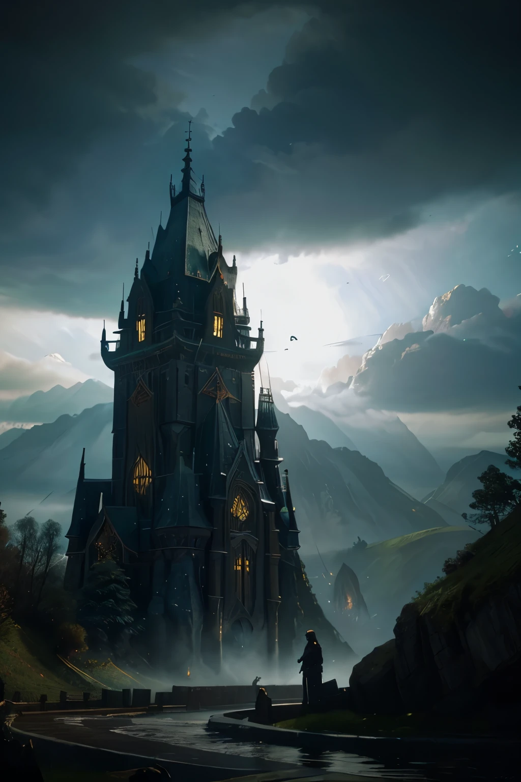 (best quality,4k,full HD:1.2),detailed dragon,ominous tower,man standing in front of the gate,sword in hand,dark atmosphere,very detailed scales on the dragon's body,detailed castle architecture,gloomy sky,impressive shadows,medieval fantasy setting,torch-lit scene,detailed cobblestone path,foreboding mood,powerful dragon wings,heroic stance of the man,highly-detailed armor,ornate gate,enchanted sword,captivating artwork,realistic dragon features,imposing stature of the dragon,mysterious aura,impressive composition,fine brushstrokes,colorful and vibrant,dragon scales shimmering in the moonlight,subtle and moody lighting,vivid colors,awe-inspiring scene,emotive artwork,concept art,monumental structure,majestic presence,ominous clouds,ominous skies,striking contrast,lush green surroundings,enhanced detail,rich textures,perfect harmony between fantasy and reality.