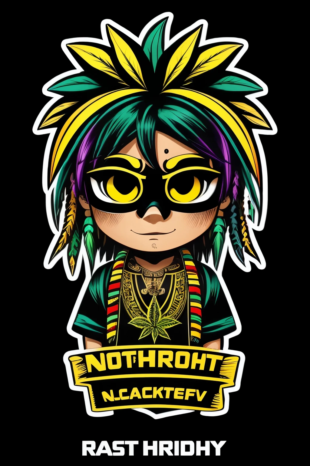 sticker, northern t-shirt art, 2D, ((black background :1, 5)), vector, vivid colors, chibi rasta outfit character, masterpiece, best quality, intricate details, perfect symmetrical face, realistic details, gothic theme, rim light, moonlight, cinematic shading, Greg Rutkowisk
, cannabis, vector, white background, vinyl sticker