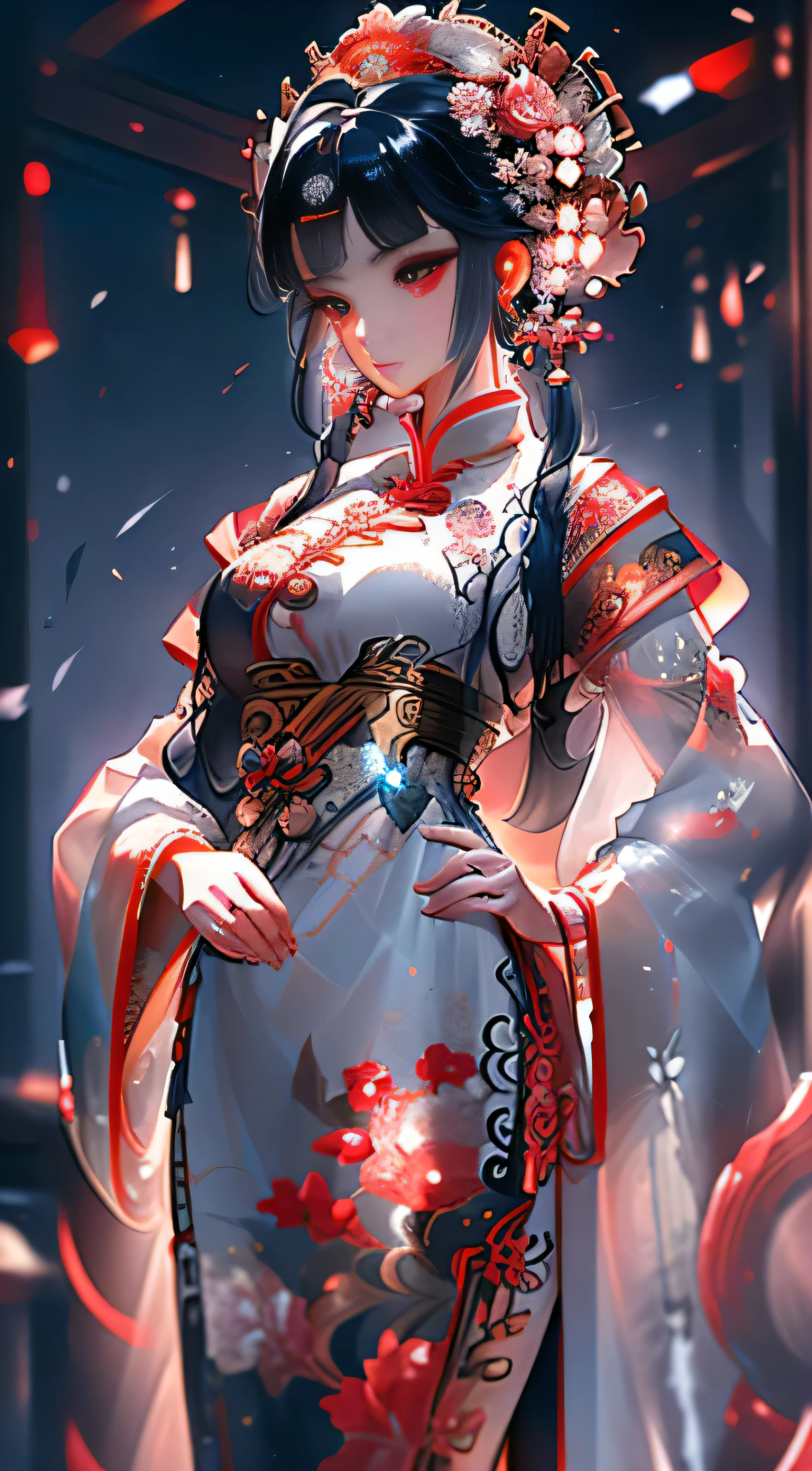 CG 8k wallpaper, masterpiece, best quality, ultra-detailed:
Imagine a breathtaking scene of a beautiful young girl named Ningguang, dressed in a stunning ornate white evening gown made of delicate orchids. Her long, cascading white hair is adorned with intricate hairpins and ornaments, framing her delicate face that boasts of long bangs. Her eyes, distinctively red, are full of wisdom and allure.
The image is rendered in extremely high detail, showcasing every intricacy of Ningguang's dress and ornaments. The high saturation colors add a vibrant and dynamic quality to the image,