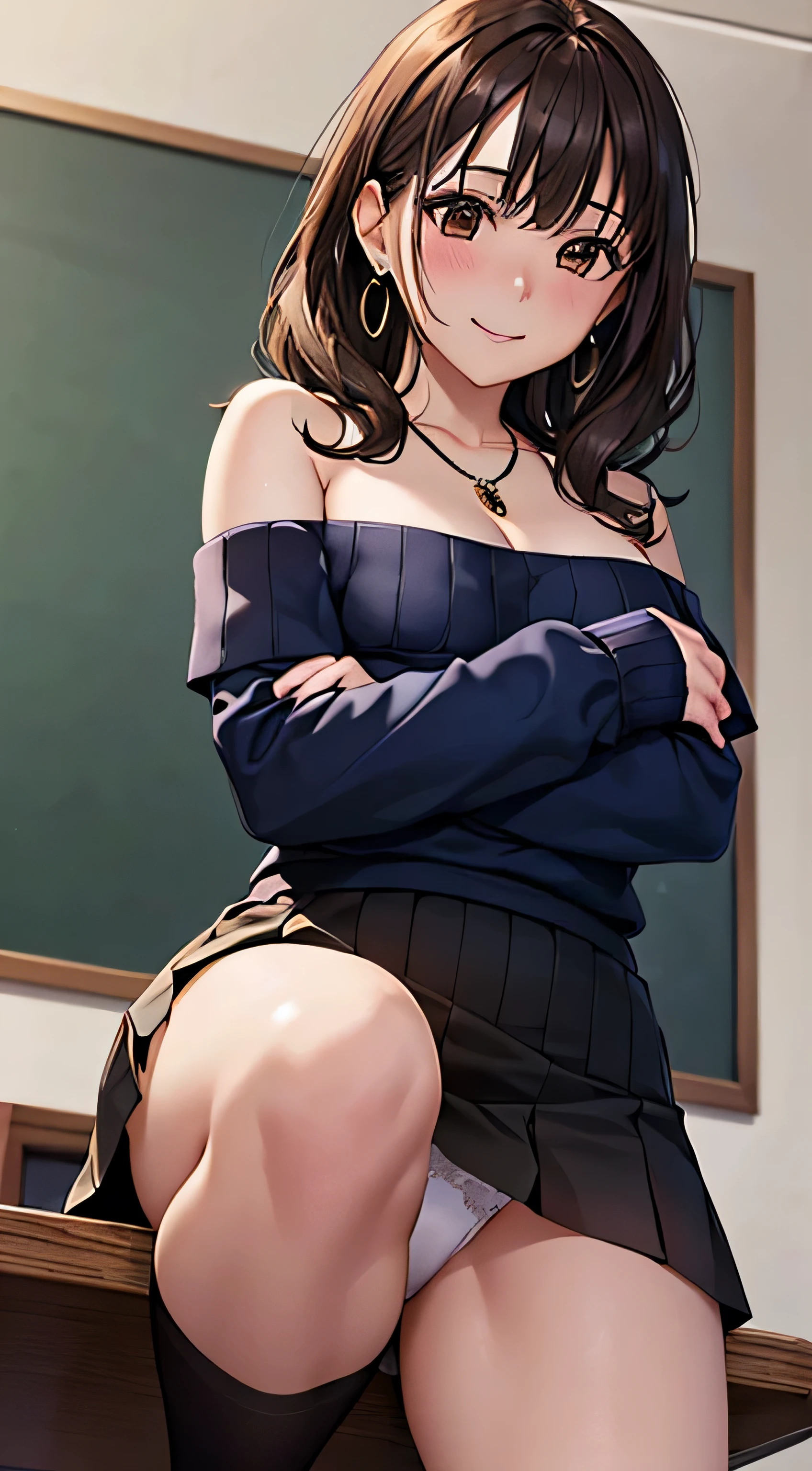 (table top, highest quality, High resolution, , perfect pixel, 4k,), 1 girl, single, alone, Beautiful woman、I could see the whole body、 ((wavy mid hair, bangs, brown hair)), ((brown eyes, beautiful eyelashes, realistic eyes)), ((detailed face, blush:1.2)), ((smooth texture:0.75, realistic texture:0.65, realistic:1.1, Anime CG style)), soft chest, dynamic angle, perfect body, ((, female teacher, , earrings、necklace、off shoulder sweater、Dark blue flared skirt、black knee high stockings、open both legs wide、、shy smile)), upper grade、、、evening、sit at the podium in the classroom、Massage your chest with both hands、Close your chest with both arms、You can see the white lace panties)、angle from below)、