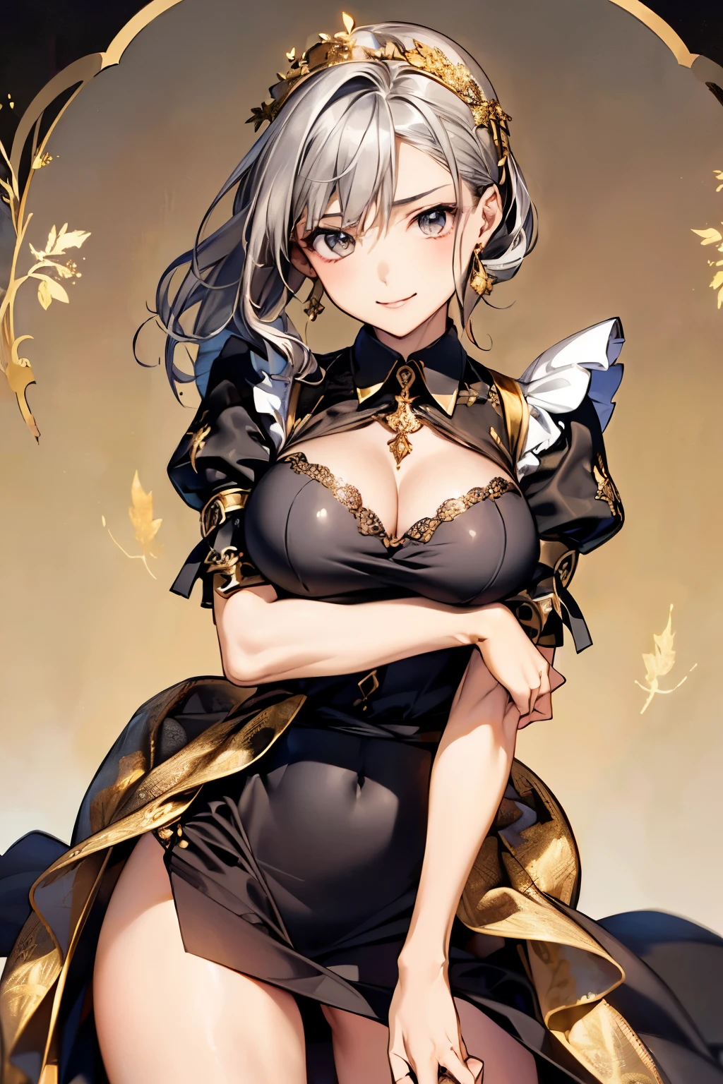 ((highest quality、8k、masterpiece:1.3)), (medium hair, beautiful hairstyle, ash silver hair:1.5)、(cute gold leaf pattern, Delicate finish, Black fabric:1.4, maid dress:1.5), (gothic style), clear, fine-textured skin、beautiful clear eyes、cleavage、Carefree and natural smile、(My hair was messed up by the wind:1.3, big breasts)、beautiful girl with a smile、(thin waist:1.3)、(Dynamic and provocative pose:1.2)、(buckshot)