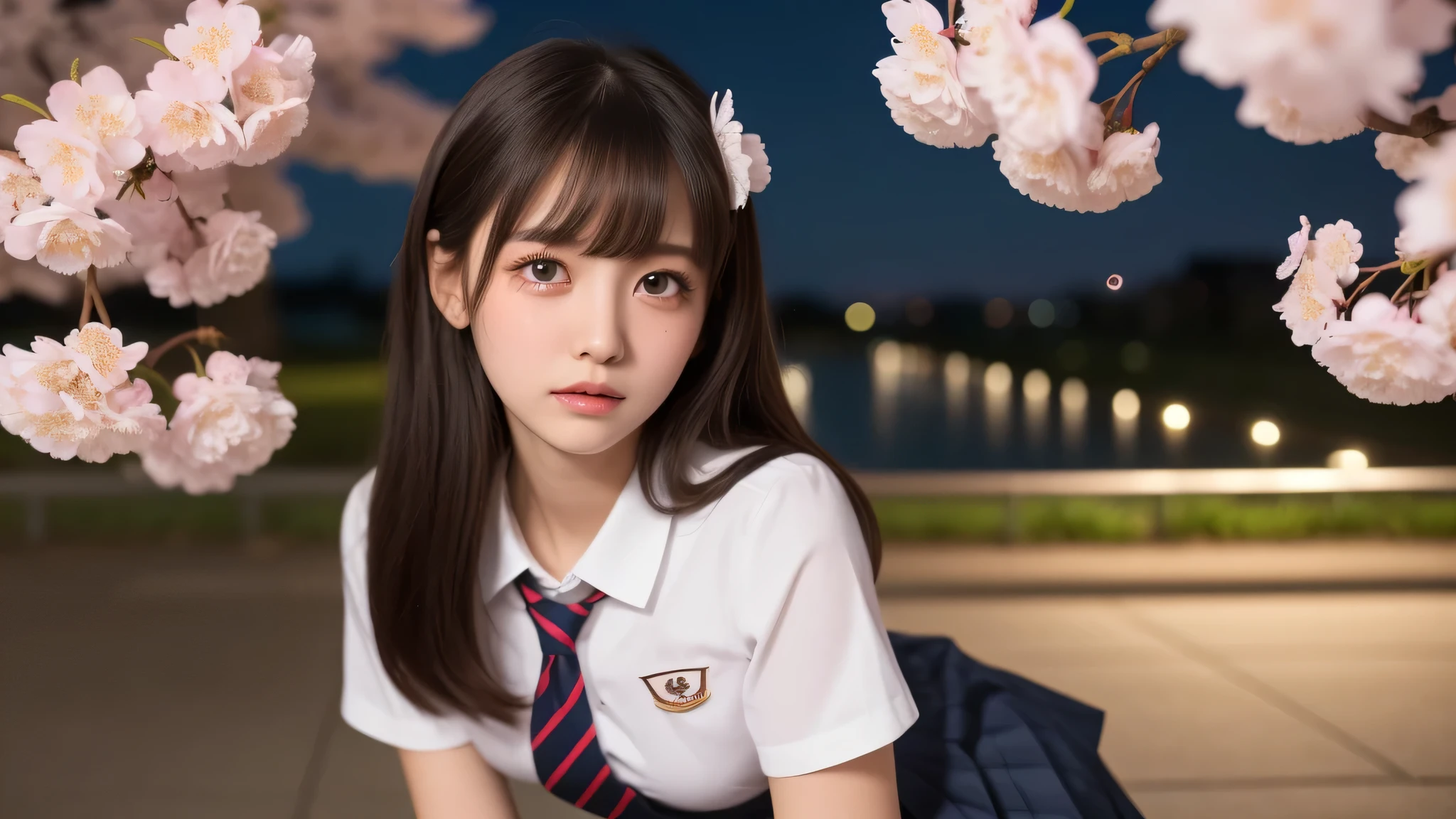 (1 girl), very cute face, (highly detailed eyes, highly detailed face), Fresh, very beautiful appearance, (surreal, High resolution), (highest quality:1.4), professional photography, (high school uniform, pleated mini skirt:1.2), (Cherry blossoms at night, night:1.3), cherry blossoms, focus on the face, (shed tears:1.2), look at me