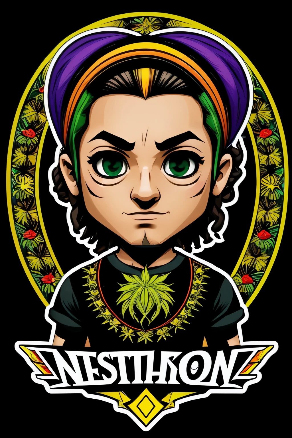 sticker, northern t-shirt art, 2D, ((black background :1, 5)), vector, vivid colors, chibi rasta outfit character, masterpiece, best quality, intricate details, perfect symmetrical face, realistic details, gothic theme, rim light, moonlight, cinematic shading, Greg Rutkowisk
, ????????, vector, white background, vinyl sticker