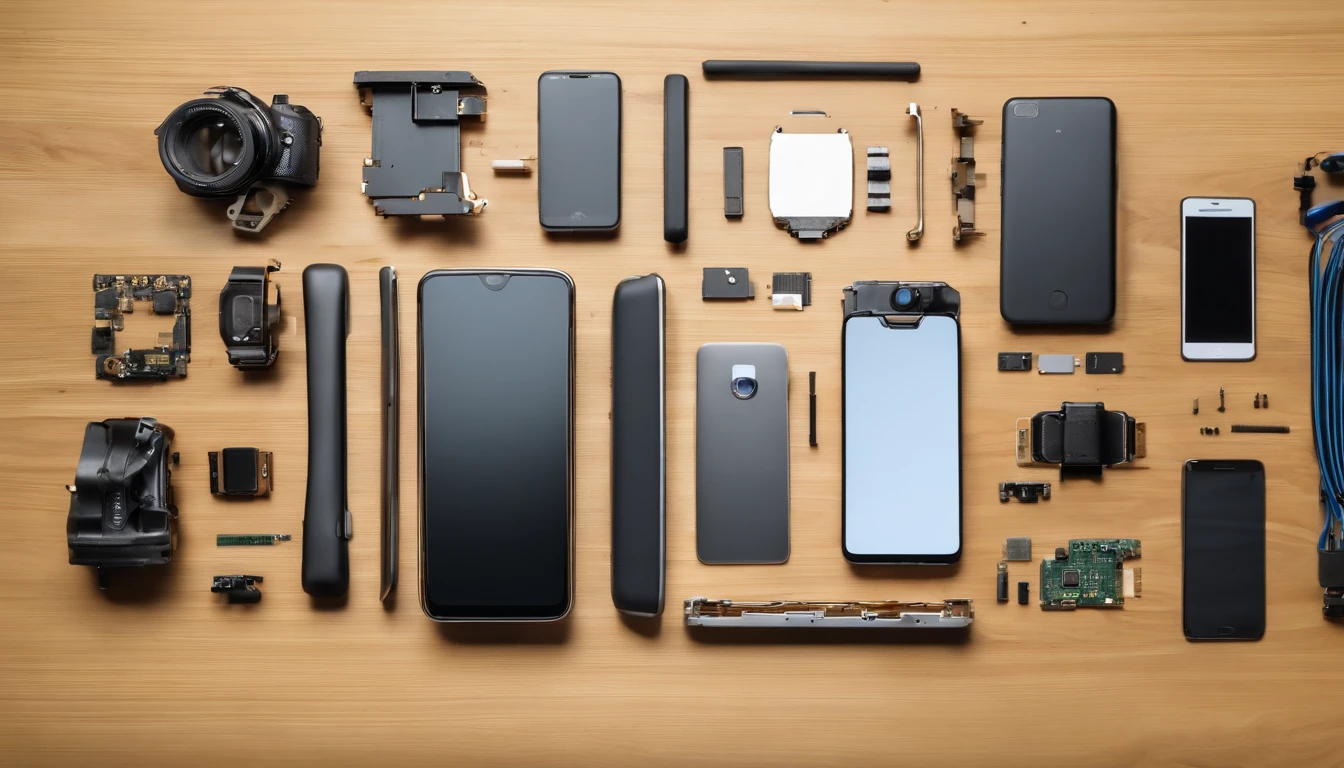 generates an image of a completely disassembled smartphone with the parts together on a wooden table with a white background