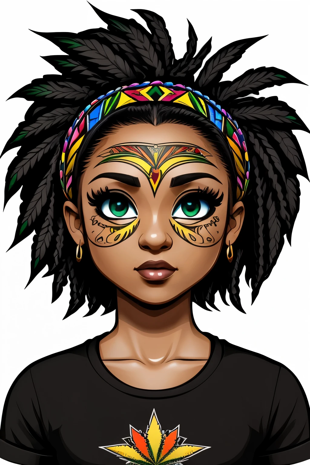 sticker, northern t-shirt art, 2D, ((black background :1, 5)), vector, vivid colors, chibi rasta outfit character, masterpiece, best quality, intricate details, perfect symmetrical face, realistic details, gothic theme, rim light, moonlight, cinematic shading, Greg Rutkowisk
, cannabis, vector, white background, vinyl sticker