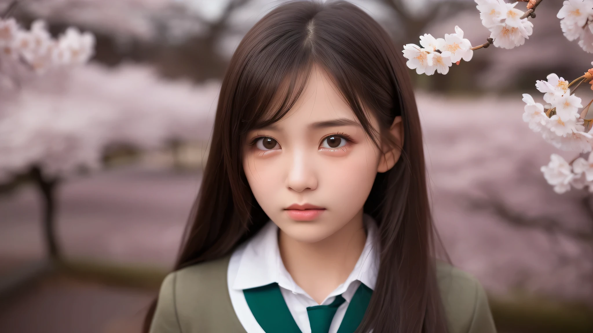 (1 girl), very cute face, (highly detailed eyes, highly detailed face), Fresh, very beautiful appearance, (surreal, High resolution), (highest quality:1.4), professional photography, (high school uniform, pleated mini skirt:1.2), (Cherry blossoms at night, night:1.3), cherry blossoms, focus on the face, (shed tears:1.2), look at me