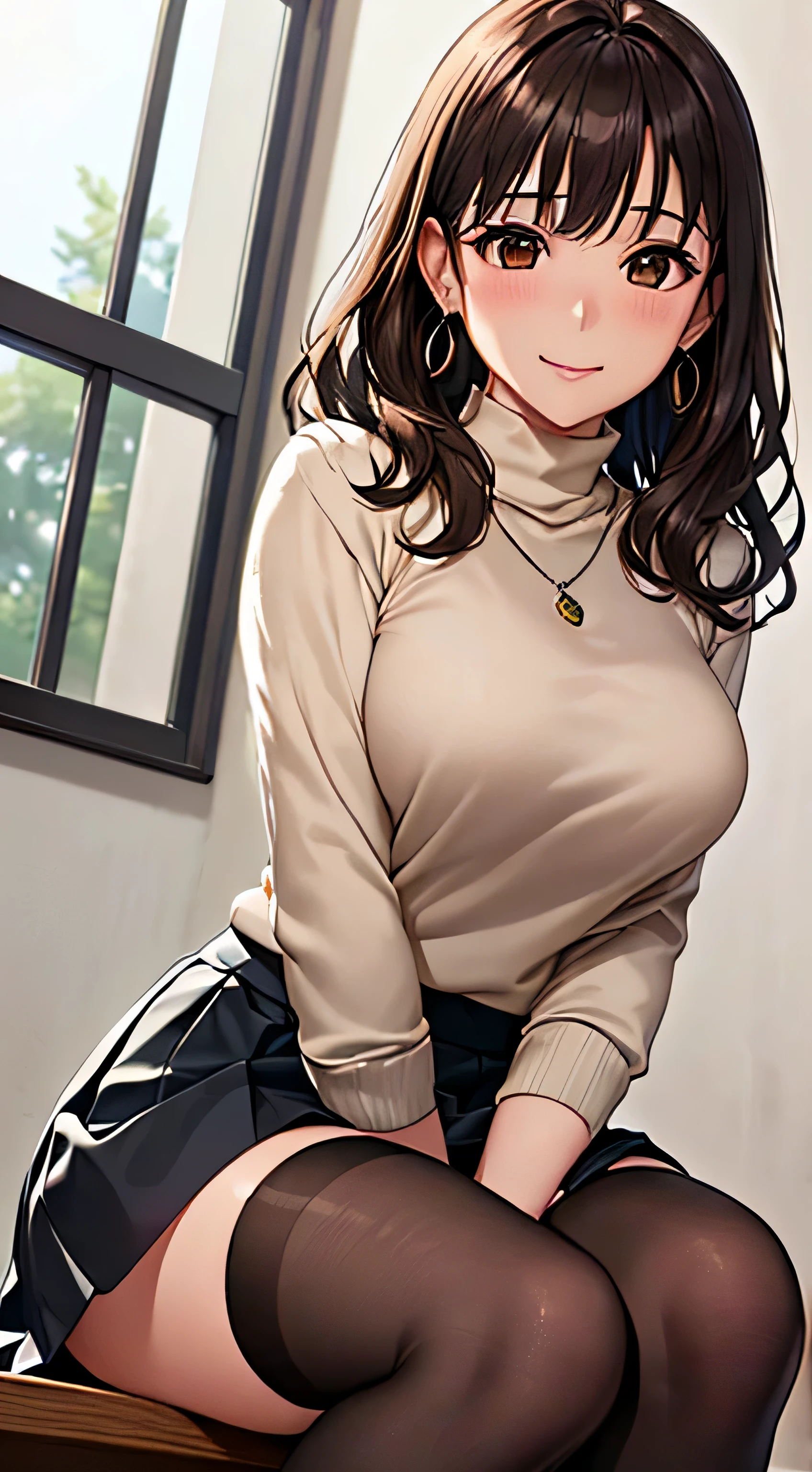 (table top, highest quality, High resolution, , perfect pixel, 4k,), 1 girl, single, alone, Beautiful woman、I could see the whole body、 ((wavy mid hair, bangs, brown hair)), ((brown eyes, beautiful eyelashes, realistic eyes)), ((detailed face, blush:1.2)), ((smooth texture:0.75, realistic texture:0.65, realistic:1.1, Anime CG style)), medium breasts, dynamic angle, perfect body, ((, female teacher, , earrings、necklace、turtleneck sweater、black flared skirt、black knee high stockings、open both legs wide、、shy smile、shy smile、Sit on the floor、leaning forward)), Upper grade、、、evening、、(You can see white and pink lace panties、、(Bring your chest and arms together、Lift up your skirt and show your panties、The wind blows up my skirt)、angle from below)、