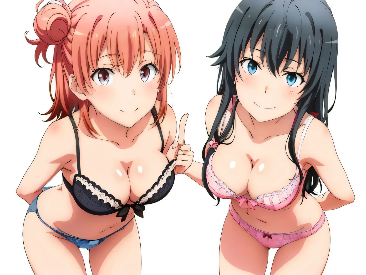 ((2 girls:1.0)), (Yuigahama Yui shapely breasts),(Yukinoshita Yukino),no background,In underwear,,Ribbon on panties,light blue panties,pink panties,belly button,thighs,knees,calf,front,looking at camera,(high angle),open your mouth,smile,Panoramic view of the head,beautiful eyes