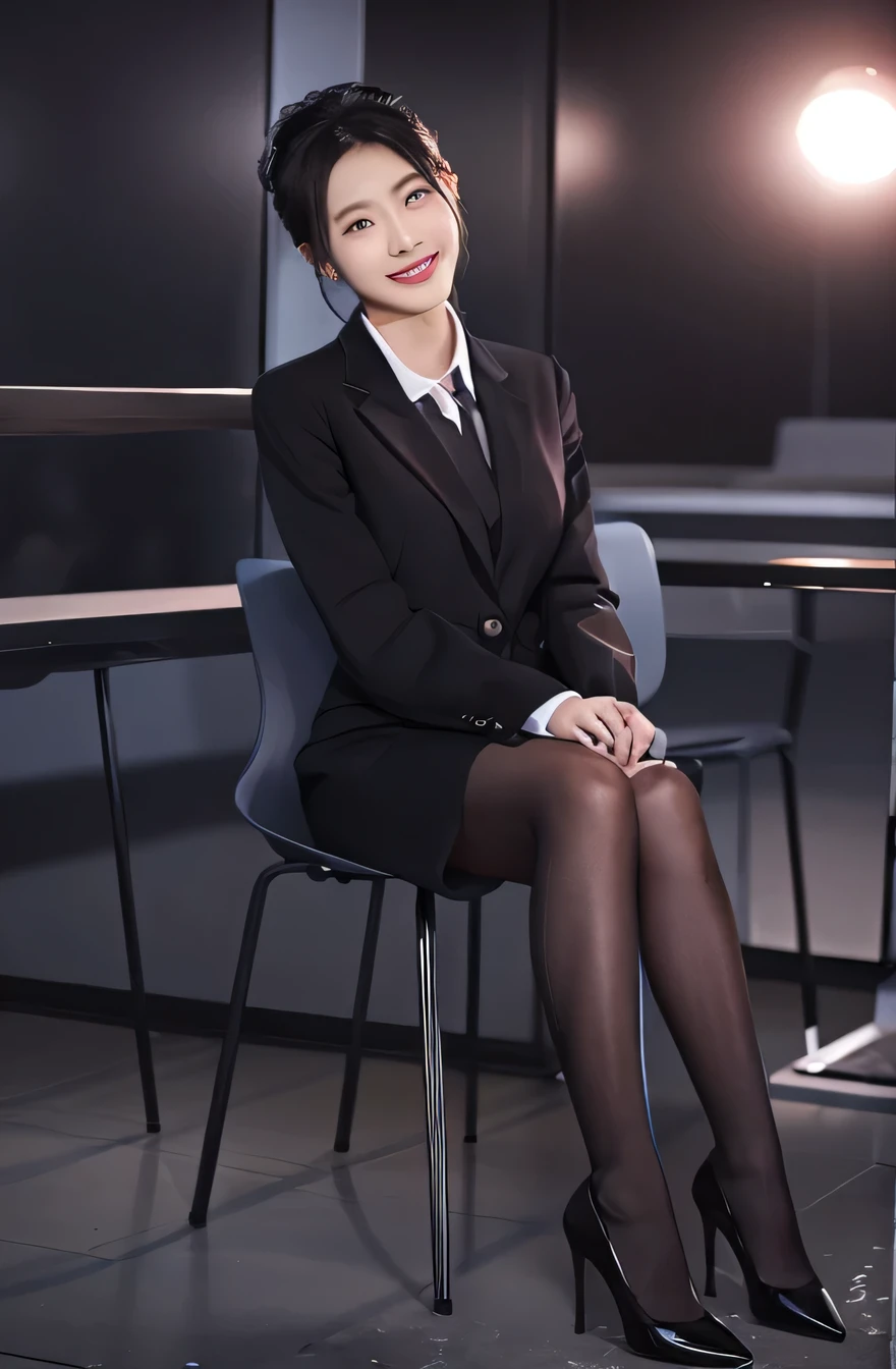 highest quality, intricate details, chromatic aberration, 1 girl, long hair, black hair, messy hair,、knee length skirt black tights、pumps、toothy smile、necklace around neck、