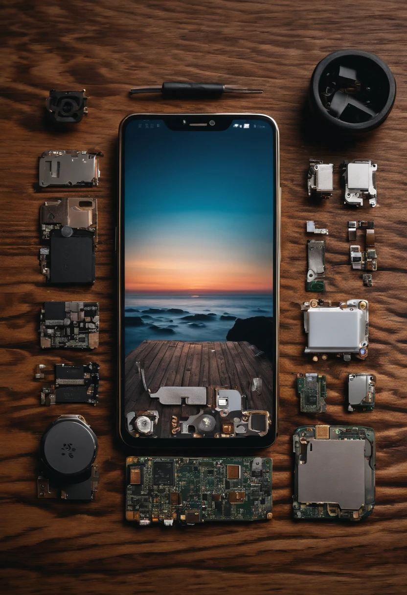 generates an image of a completely disassembled smartphone with the parts together on a wooden table with a white background