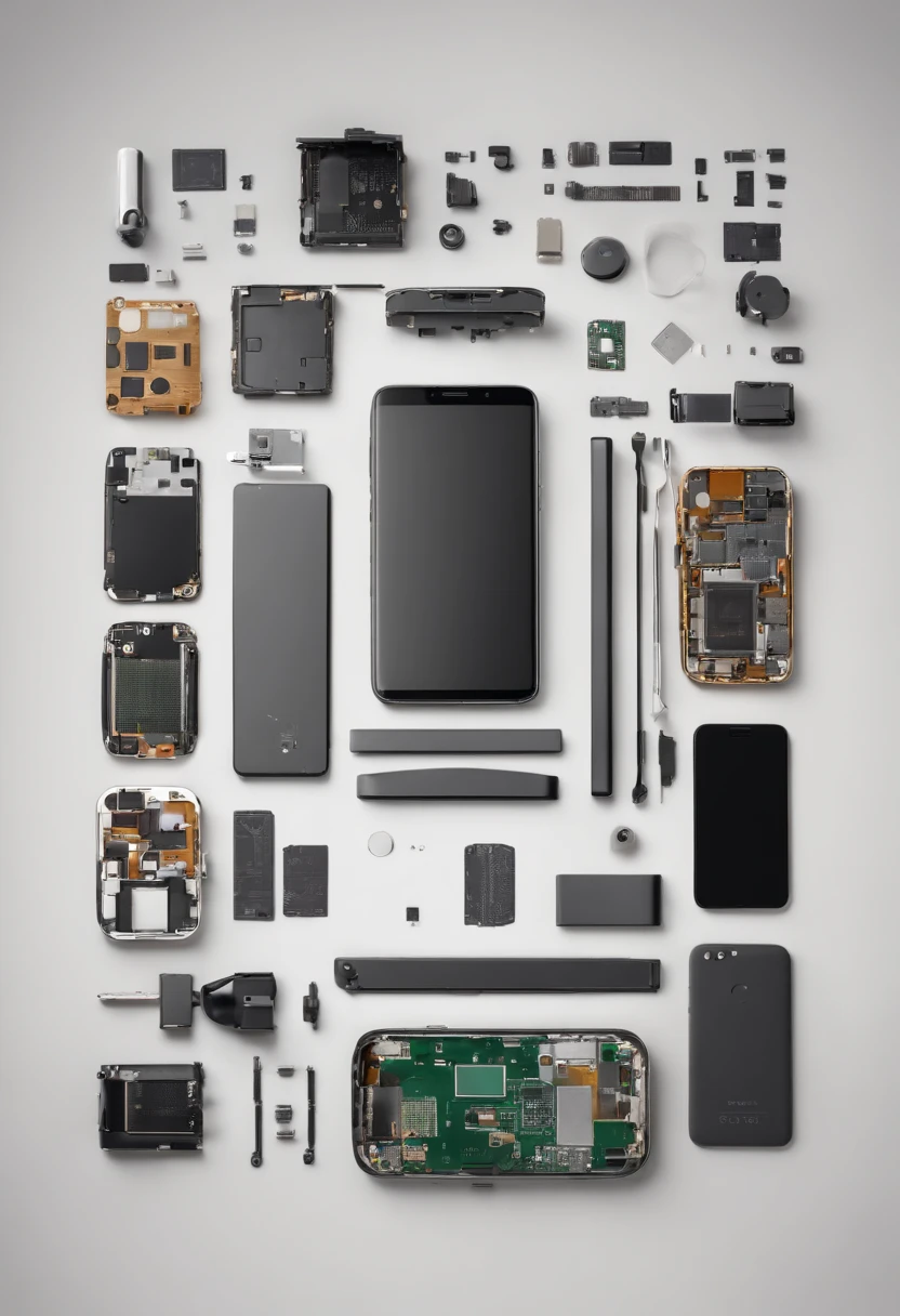 generates an image of a completely disassembled smartphone with the parts together on a wooden table with a white background