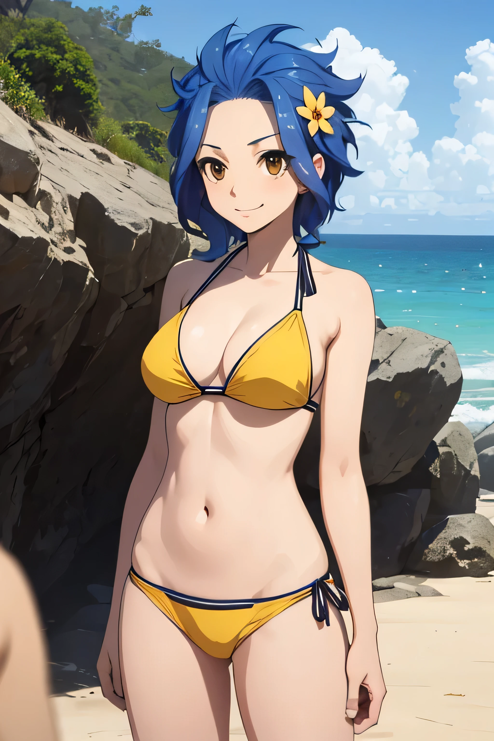 absurdres, high res, ultrasharp, 8K, {masterpiece}, expressive eyes, extremely detailed, best quality, perfect face, LEVY MCGARDEN, (BROWN EYES:1.35), BLUE HAIR, SHORT HAIR, SIDELOCKS, {yellow hair band}, hair flower, medium breasts, light smile, beach, bikini, contrapposto,