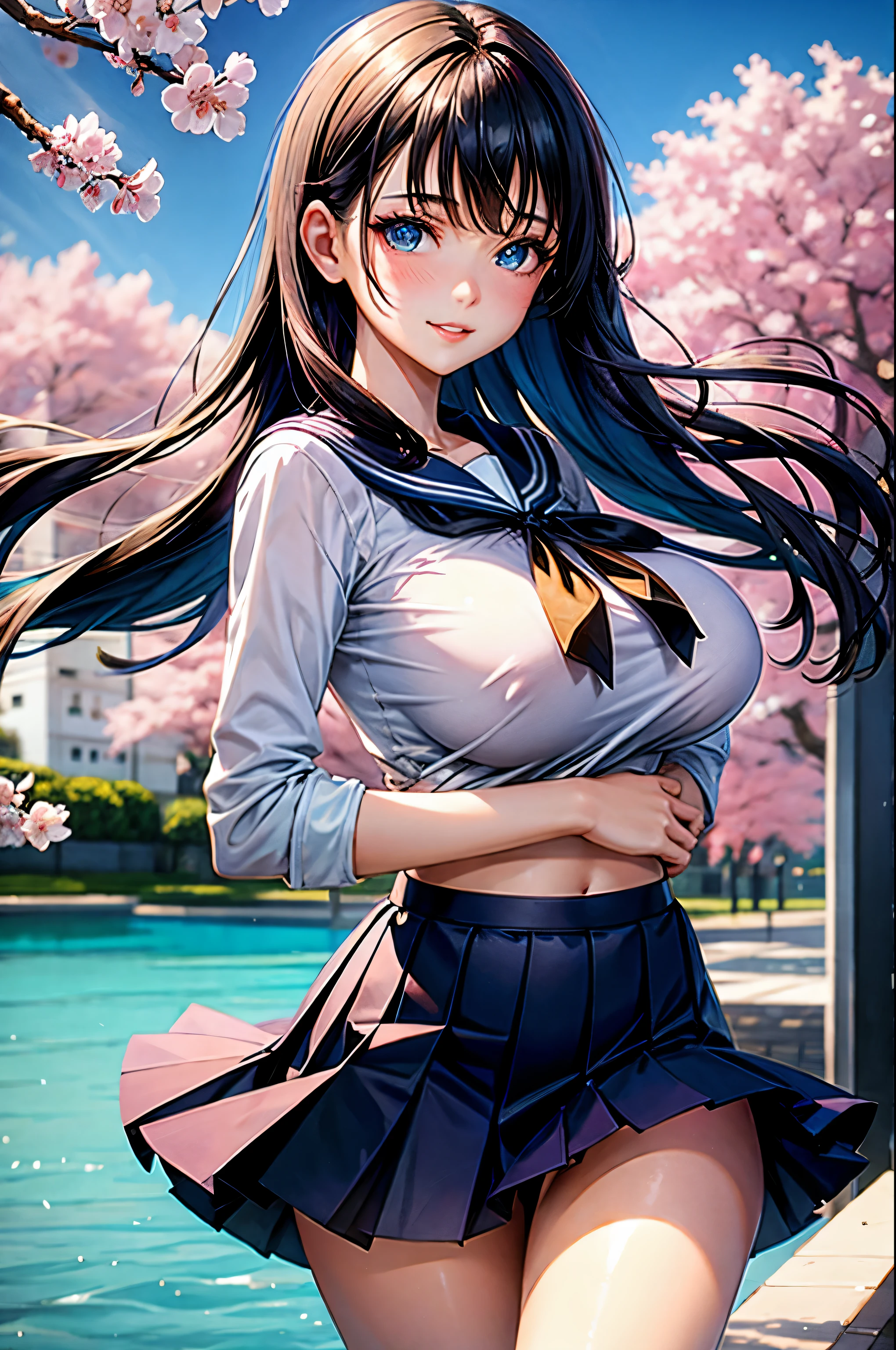 1 girl, beautiful girl, Super detailed, highest quality, perfect face, detailed face, transparent beauty, realistic, cute eyes, deep and fine eyes, perfect eyes, (Shiny blue beautiful eyes with reflection), Expectant smile, parted lips, glossy black hair, school sailor uniform, serahuku, Floating skirt, ((big breasts)), looking at the viewer, garden, Cherry Blossom,