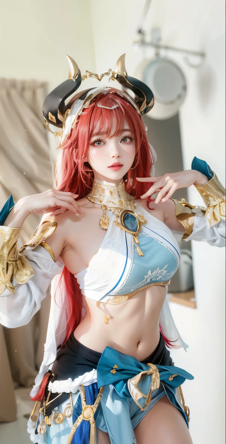 (RAW photo:1.2), ((photorealistic:1.4),(masterpiece:1.3),(best quality:1.4),ultra high res,(detailed facial features),(detailed body features),HDR,8k resolution, 1 girl, blush, 8k, ultra high details, perfect nose, cinematic lighting, perfect body, red light hair, horn headband 