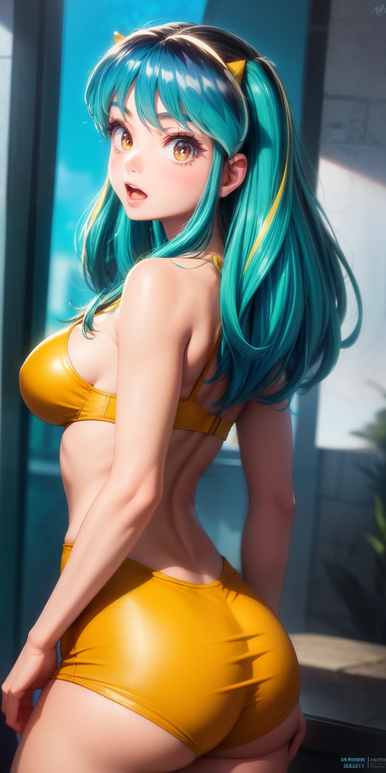 lum invader, detailed, realitsa, (bikini:.8), yellow clothes, masterpiece, best quality, hires, open mouth, tusk, ultra-detailed, multicolored eyes, beautiful eyes, detailed face, beautiful girl, big chest, blushing, (from four:.4) looking back, (emphasis on ass:.8)