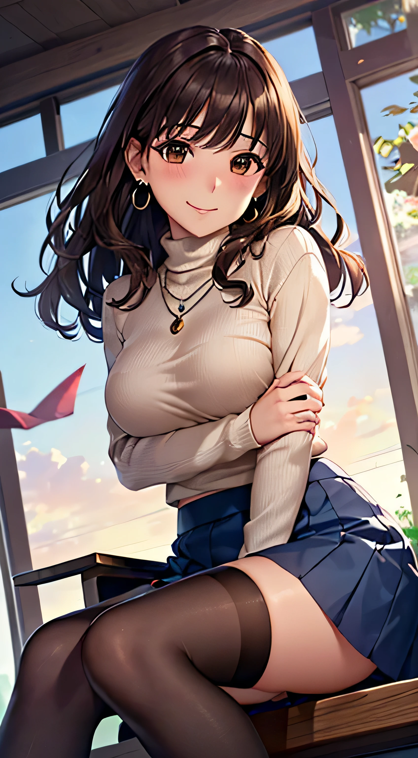 side swept bangs, tan skin, short skirt, knee-high socks, off-shoulder sweater, choker, large breasts, slim waist, large hips, slender legs, blushing, anime.