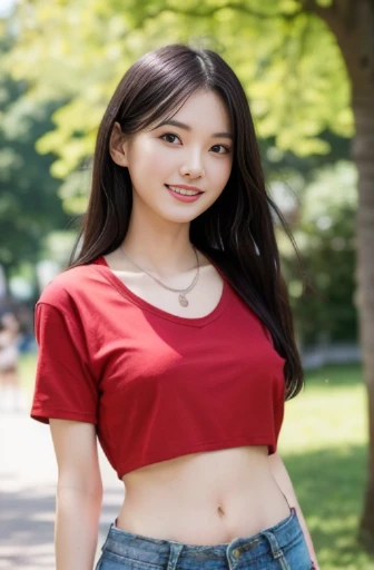 best quality, detailed, beautiful, insanely detailed, absurdres,perfect anatomy,
Japanese woman,black hair,27 years old,
(slender),
(small breasts),
(a puppy), smiling, walking, (red shorts), (white t-shirt), necklace, in the park, front view, gigantic scale