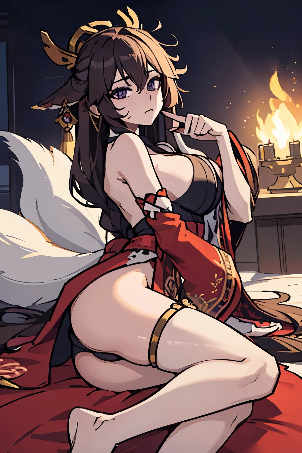 Ultra Real), (Illustration), (High Resolution), (8K), (Very Detailed), (Best Illustration), (Beautiful Detailed Eyes), (Best Quality), (Ultra Detailed), (Masterpiece) Large breasts, Bare shoulders attractive legs, (busty), (perky) (large ass) (bubble butt) human_feet, messy hair, yae miko, animal ears, floppy ears, fox ears, hair between eyes, long hair, brown hair, (purple eyes:1.1), brown hair, barefoot, bare shoulders, detached sleeves, earrings, hair ornament, japanese clothes, long sleeves, sideboob, thigh strap, thighs, wide sleeves, sideass, IncrsAhriDynasty, facial mark