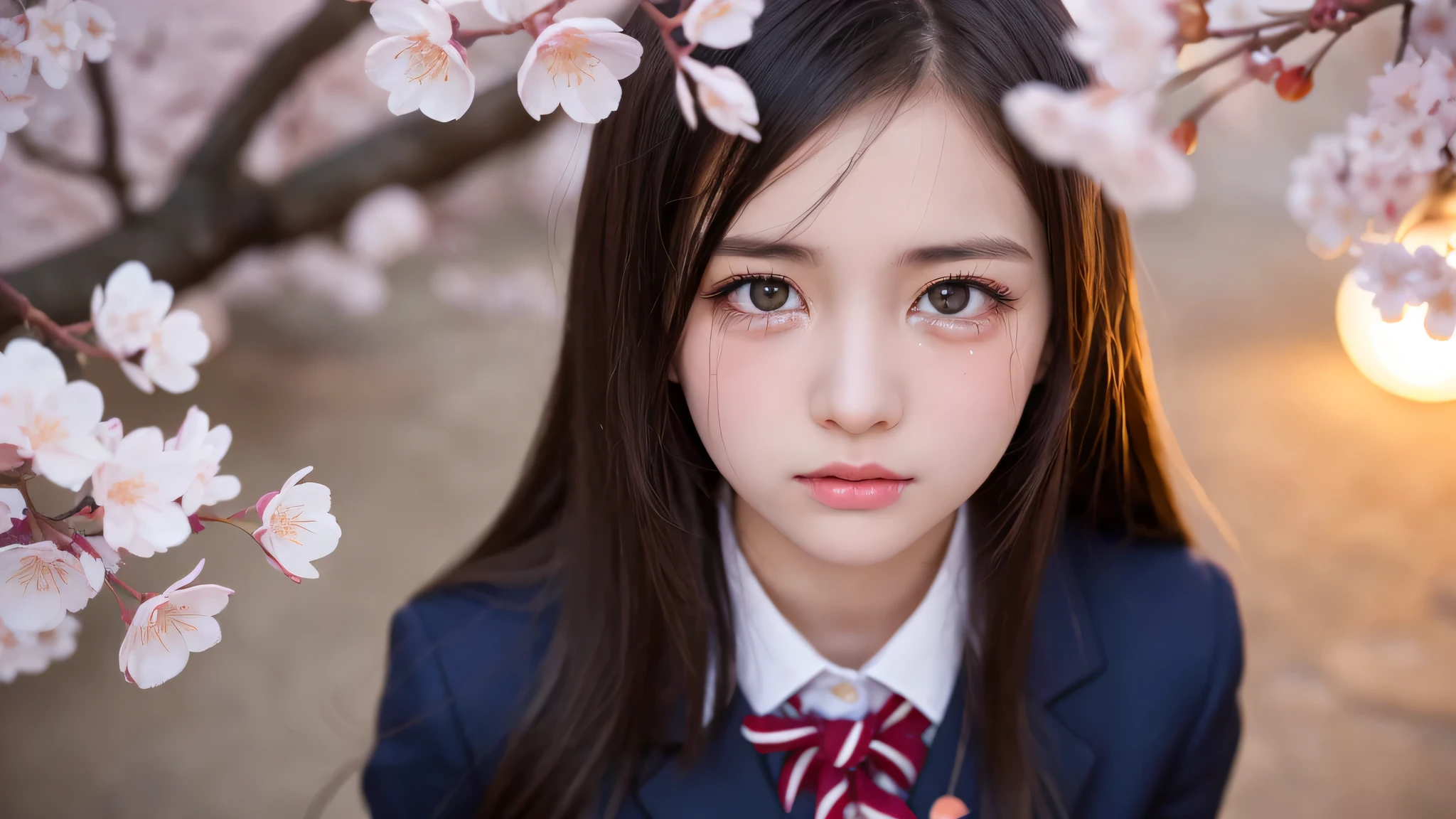 (1 girl), very cute face, (highly detailed eyes, highly detailed face), Fresh, very beautiful appearance, (surreal, High resolution), (highest quality:1.4), professional photography, (high school uniform, pleated mini skirt:1.2), (Cherry blossoms at night, night:1.3), cherry blossoms, focus on the face, (shed tears:1.2), look at me
