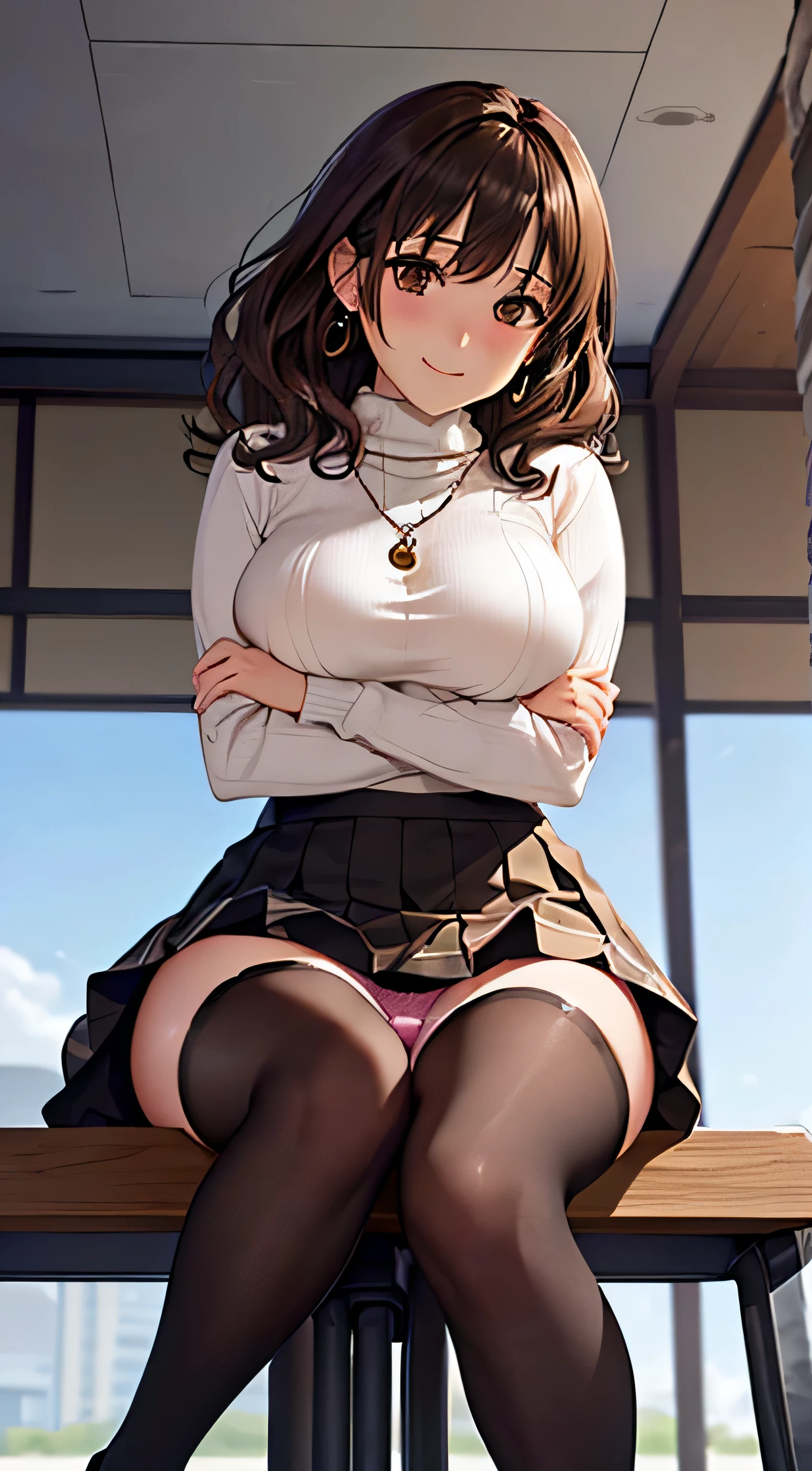 (table top, highest quality, High resolution, , perfect pixel, 4k,), 1 girl, single, alone, Beautiful woman、I could see the whole body、 ((Wavy mid-hair, bangs, brown hair)), ((brown eyes, beautiful eyelashes, realistic eyes)), ((detailed face, blush:1.2)), ((smooth texture:0.75, realistic texture:0.65, realistic:1.1, Anime CG style)), medium breasts, dynamic angle, perfect body, ((, female teacher, , earrings、necklace、turtleneck sweater、black flared skirt、black knee high stockings、open both legs wide、、shy smile、Sit on the floor、leaning forward)), Upper grade、、、evening、、(pink lace panties are visible、、(Bring your chest and arms together、Lift up your skirt and show your panties、The wind blows up my skirt)、angle from below)、