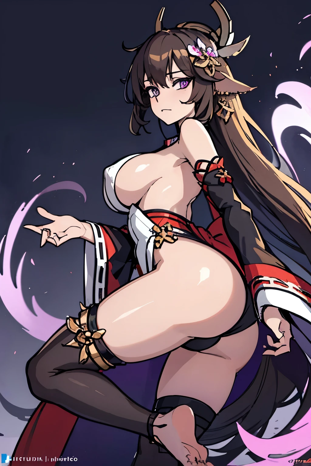Ultra Real), (Illustration), (High Resolution), (8K), (Very Detailed), (Best Illustration), (Beautiful Detailed Eyes), (Best Quality), (Ultra Detailed), (Masterpiece) Large breasts, Bare shoulders attractive legs, (busty), (perky) (large ass) (bubble butt) human_feet, messy hair, yae miko, animal ears, floppy ears, fox ears, hair between eyes, long hair, brown hair, (purple eyes:1.1), brown hair, barefoot, bare shoulders, detached sleeves, earrings, hair ornament, japanese clothes, long sleeves, sideboob, thigh strap, thighs, wide sleeves, sideass, IncrsAhriDynasty, facial mark