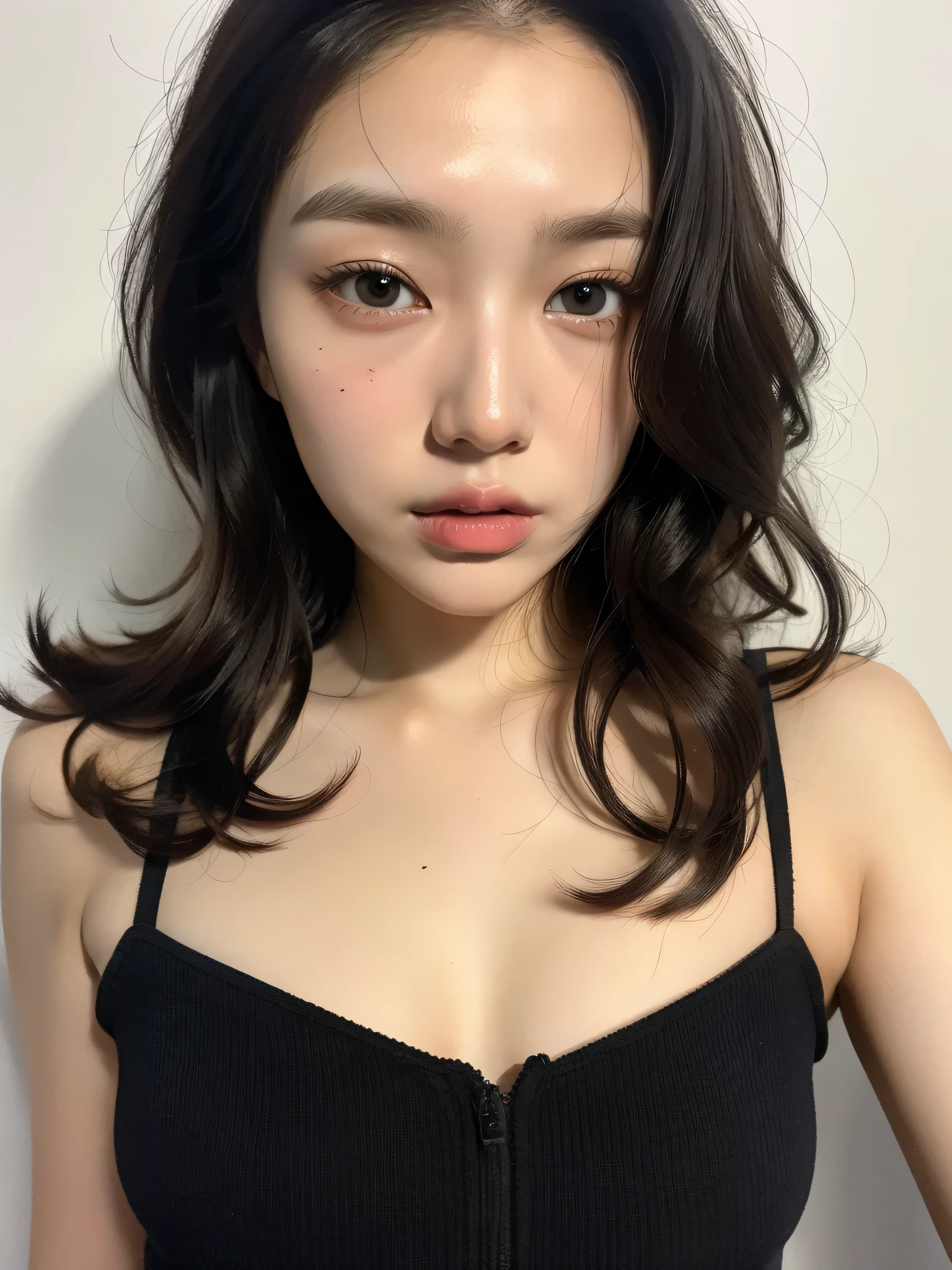 8k， RAW photo，high quality， realistic，Natural light, Bury your face， whole body，18 year old female， black hair，curly hair, black eye， small head， perfect chest shape， Chest close-up,beautifully drawn eyes， real face， real skin， rough skin,T-back pants,tease,stir up