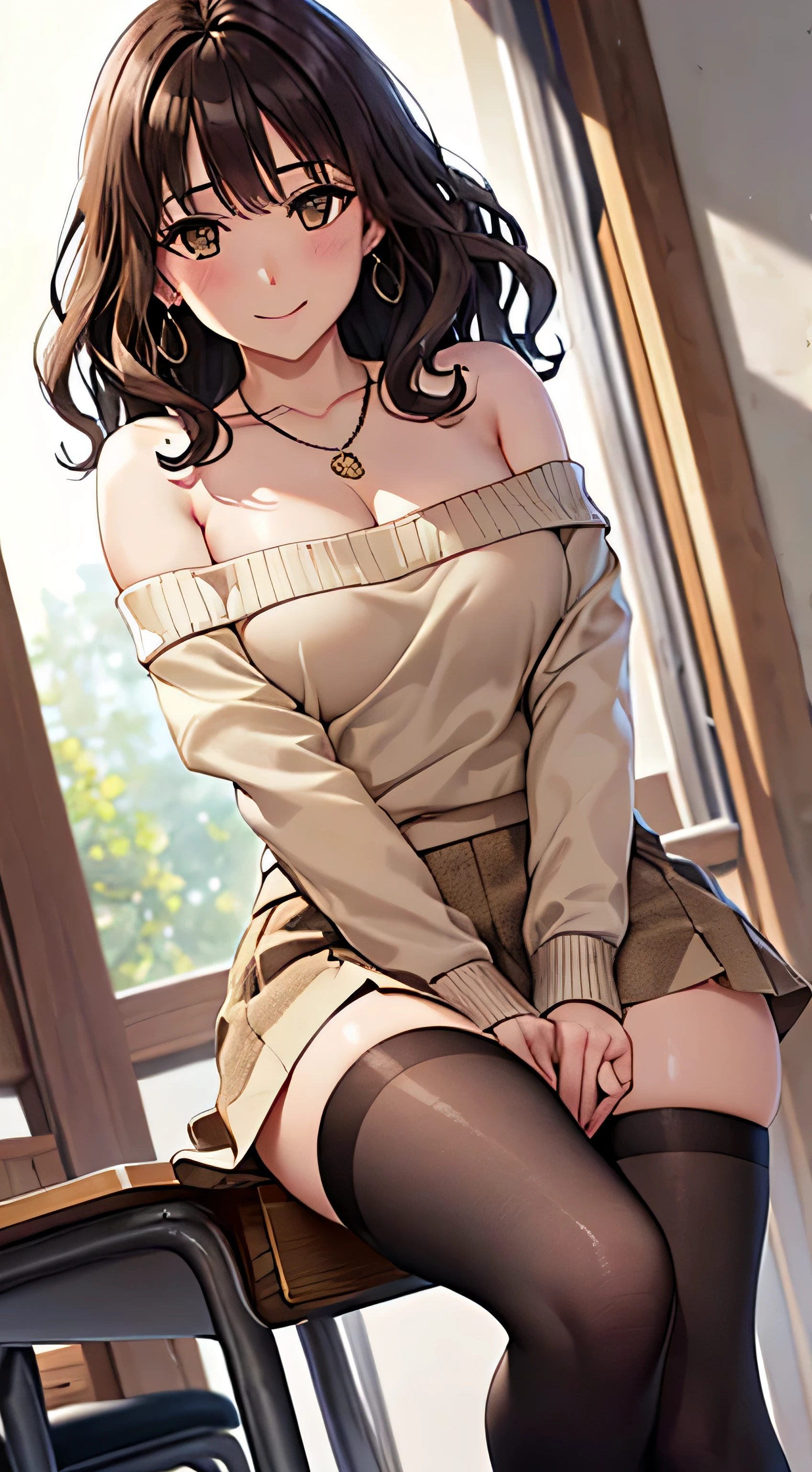 (table top, highest quality, High resolution, , perfect pixel, 4k,), 1 girl, single, alone, Beautiful woman、I could see the whole body、 ((wavy mid hair, bangs, brown hair)), ((brown eyes, beautiful eyelashes, realistic eyes)), ((detailed face, blush:1.2)), ((smooth texture:0.75, realistic texture:0.65, realistic:1.1, Anime CG style)), soft chest, dynamic angle, perfect body, ((, female teacher, , earrings、necklace、beige off shoulder sweater、Dark blue flared skirt、black knee high stockings、open both legs wide、、shy smile)), upper grade、、、evening、sit at the podium in the classroom、、Close your chest with both arms、You can see the white lace panties)、angle from below)、