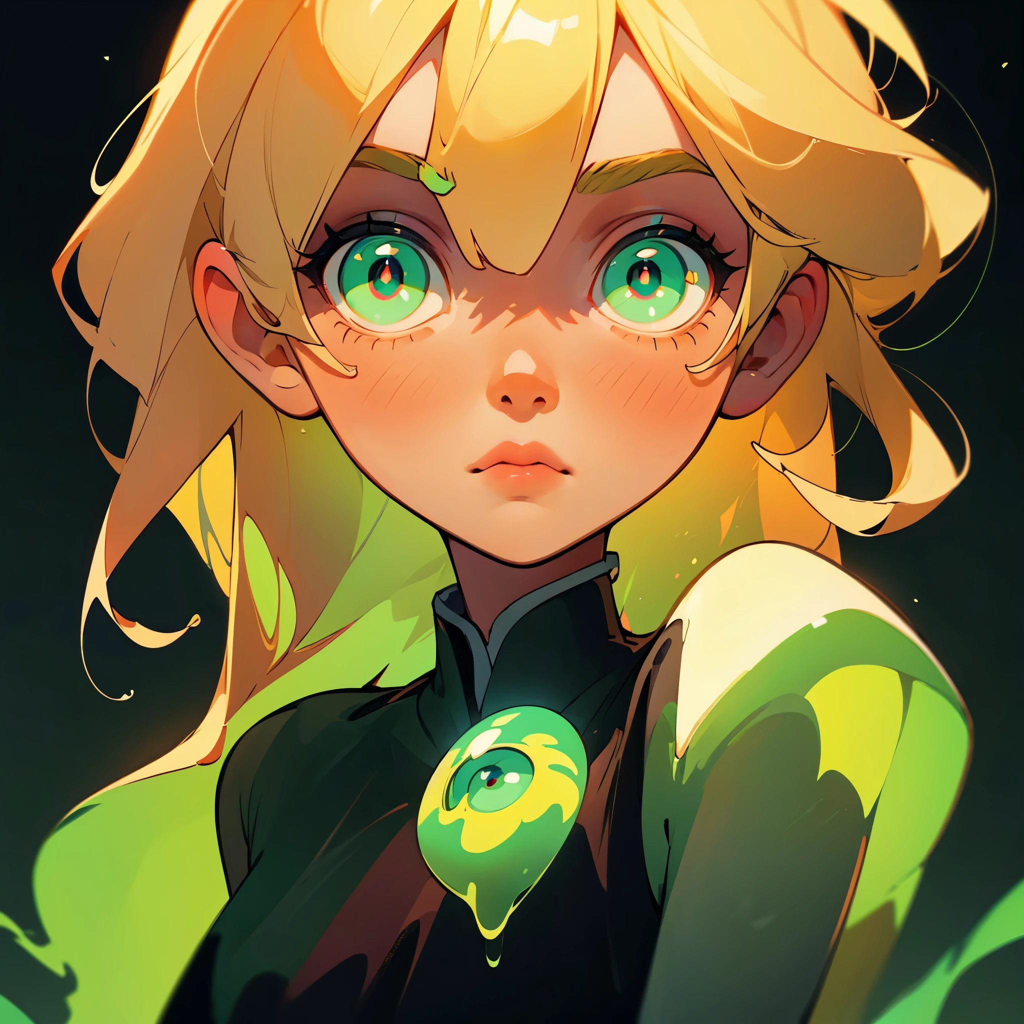 beautiful cute and gentle girl, blonde hair, emerald eyes glowing in the dark, dark black background, perfect symmetrical eyes and pupils, mysterious look, blur and soft colors