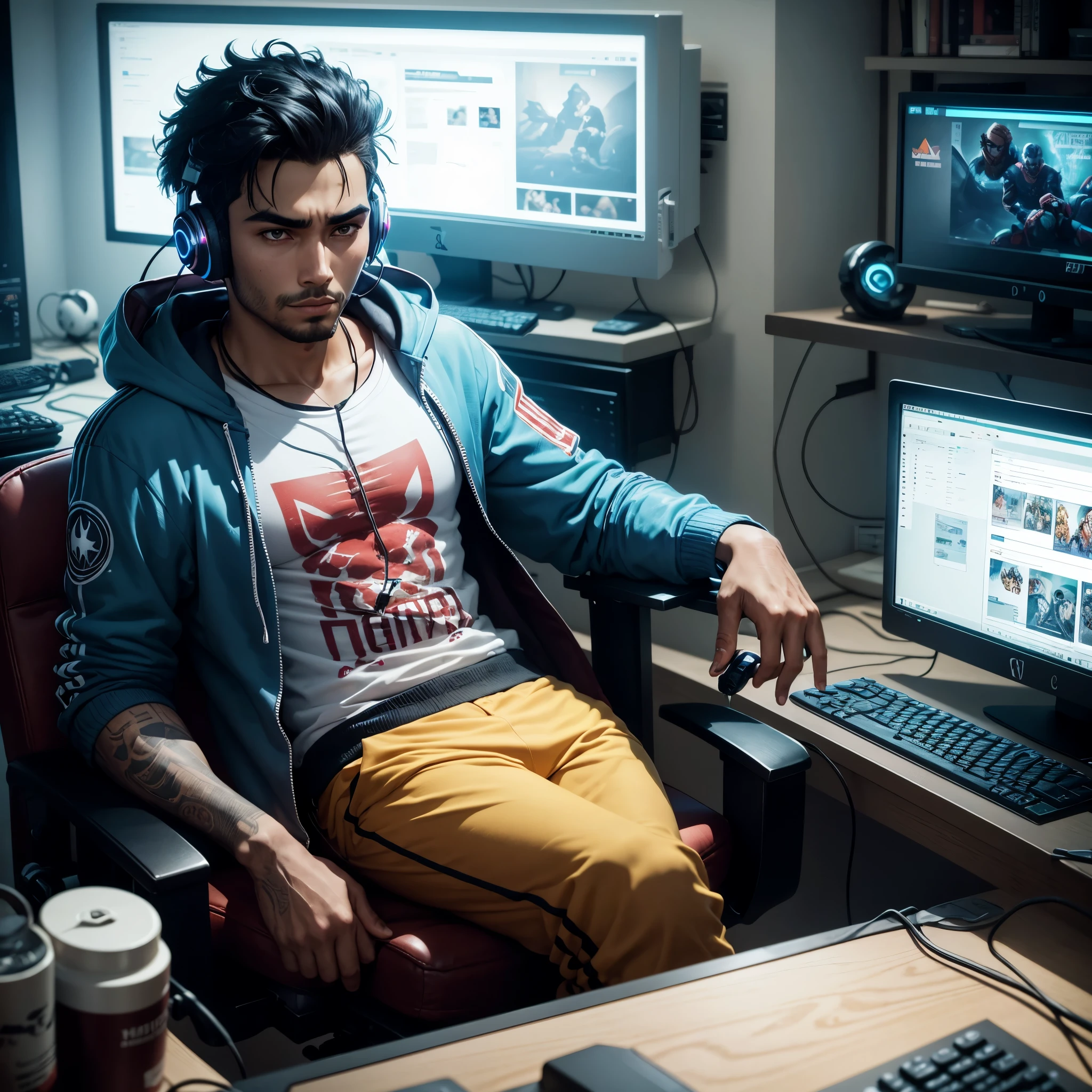 Miguel is in his room, sitting in his gaming chair com um computer in front of him. He's wearing headphones and holding a joystick, com um "League of Legends" tela no monitor em segundo plano. Your eyes are focused on the screen, and your face conveys emotion as you play