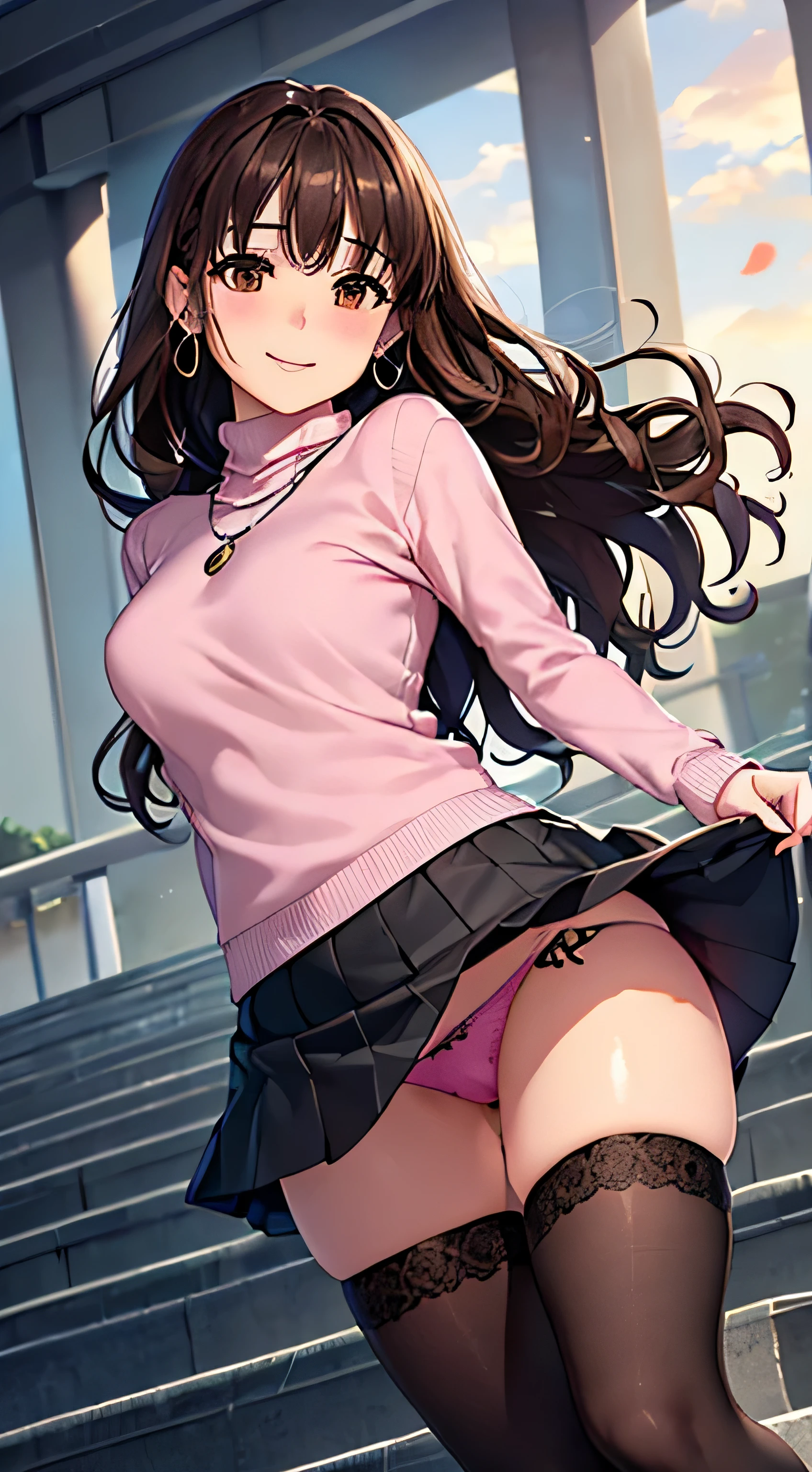 (table top, highest quality, High resolution, , perfect pixel, 4k,), 1 girl, single, alone, Beautiful woman、I could see the whole body、 ((wavy mid hair, bangs, brown hair)), ((brown eyes, beautiful eyelashes, realistic eyes)), ((detailed face, blush:1.2)), ((smooth texture:0.75, realistic texture:0.65, realistic:1.1, Anime CG style)), medium breasts, dynamic angle, perfect body, ((, female teacher, , earrings、necklace、turtleneck sweater、black flared skirt、black knee high stockings、open both legs wide、show pink panties、shy smile、shy smile、university campus、in front of the grand staircase、)), cute smile、、(You can see white and pink lace panties、、(Bring your chest and arms together、Lift up your skirt and show your panties、The wind blows up my skirt)、angle from below)、