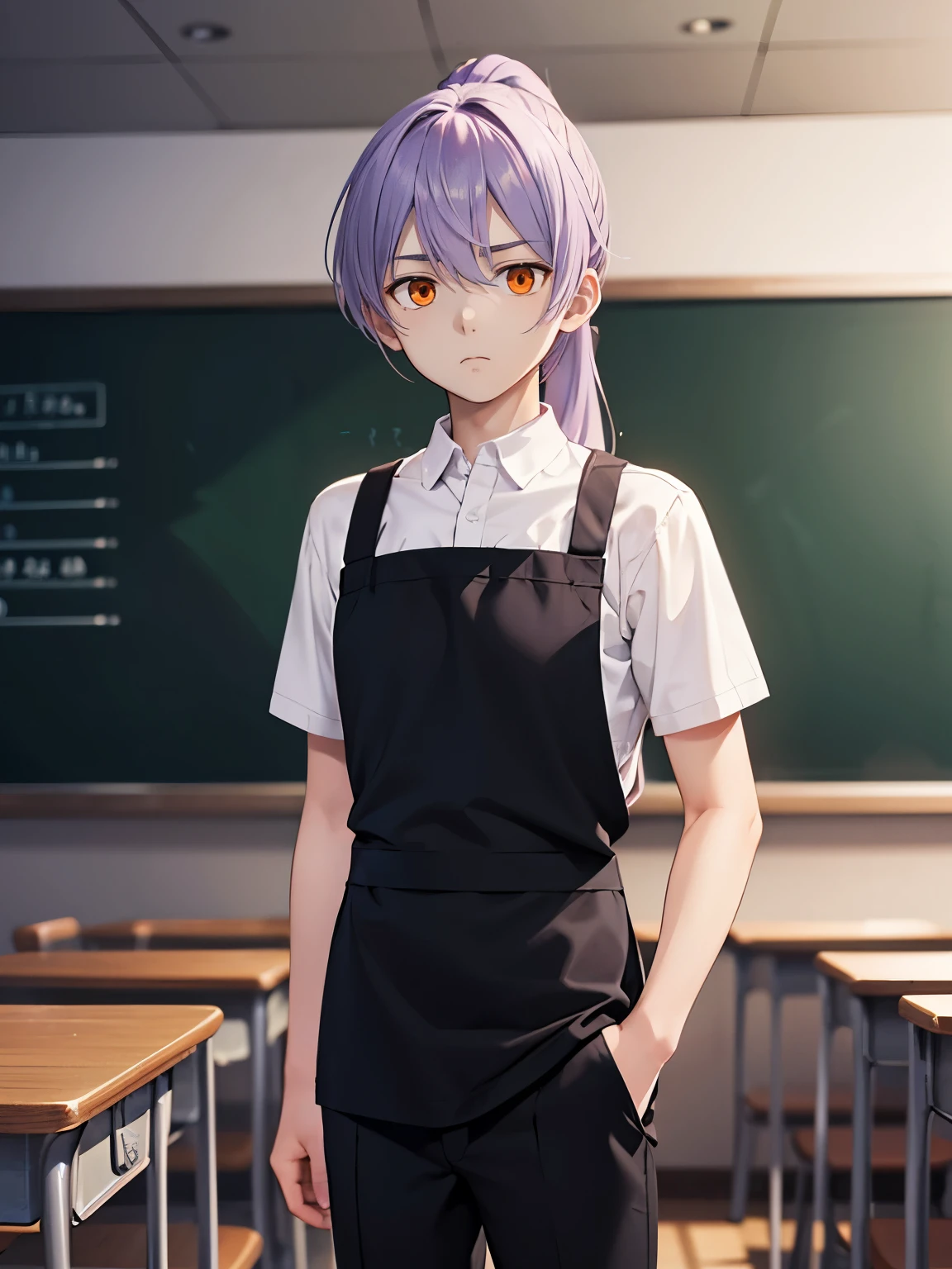 Light purple hair, teenager, tall, boy, school uniform, white shirt, dress pants, long hair, orange eyes, calm face, student, bedroom, guy, male, black apron, school lab, ponytail, kuudere, expressionless, emotionless