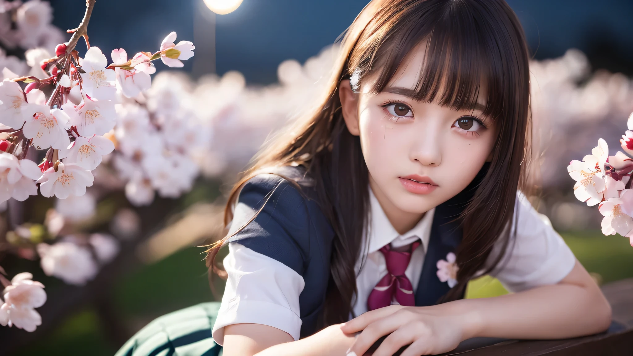 (1 girl), very cute face, (highly detailed eyes, highly detailed face), Fresh, very beautiful appearance, (surreal, High resolution), (highest quality:1.4), professional photography, (high school uniform, pleated mini skirt:1.2), (Cherry blossoms at night, night:1.3), cherry blossoms, focus on the face, (shed tears:1.2), look at me