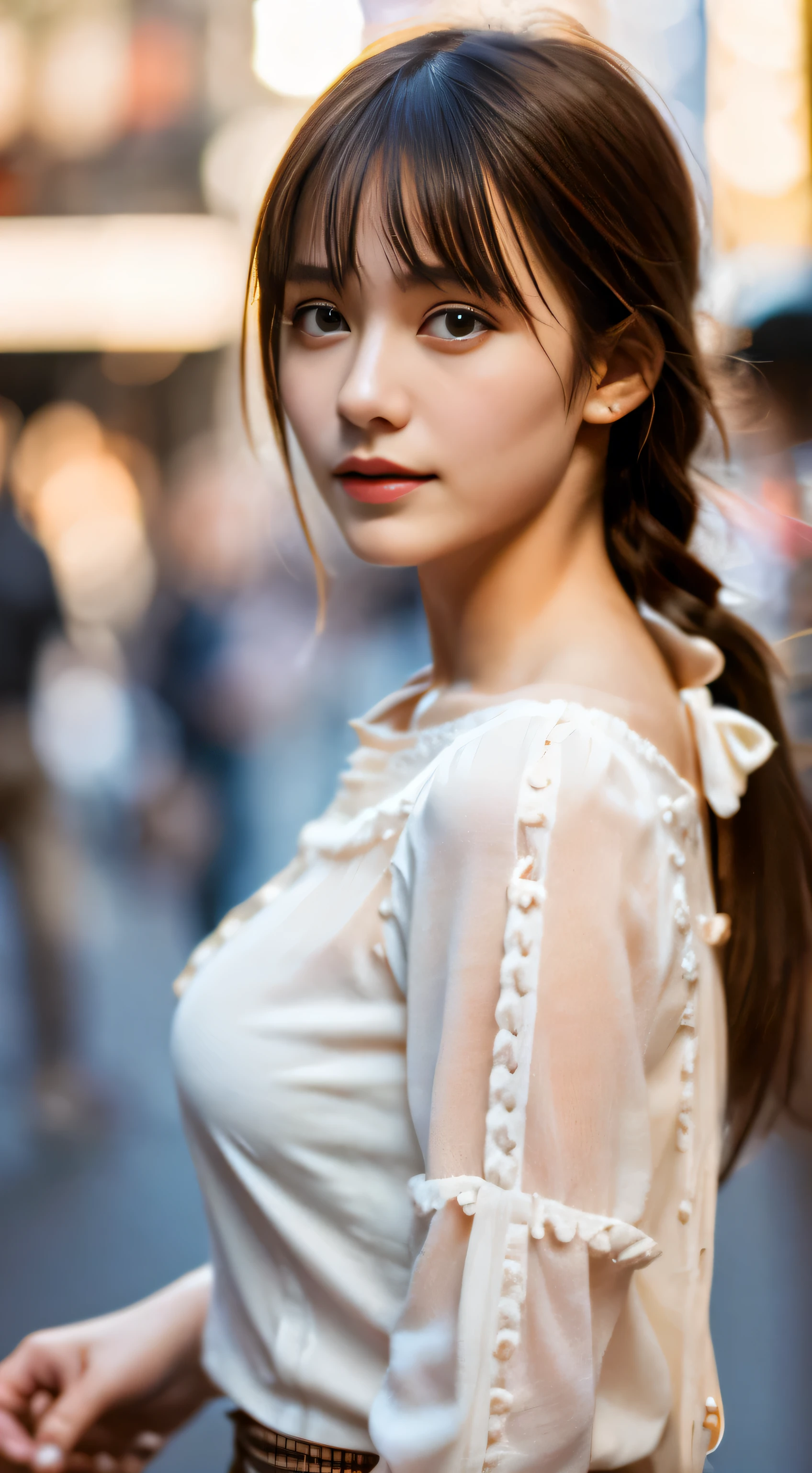 best quality, photorealistic, 1girl, woman,(skindentation), medium breast, (bright), (professional lighting, bokeh), (street), people, crowds, braided bangs, (blouse:1.5), (portait:0.8), gorgeous, bloom, floating hair, (dynamic pose:0.6) , soft lighting, 
