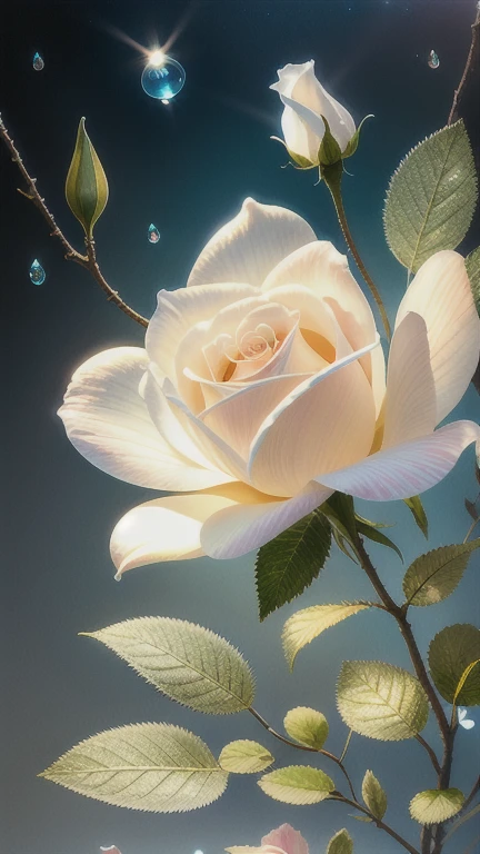 Delicate branches of roses, ultra-transparent, holy light, beautiful spectral light, petals glowing, shimmering, surrounded by light mist, transparent droplets, reflected light, bright, light flowing in, optics, portrait contours, sharp focus, magical, intricate, surreal, fantasy, composition, light, trends on artstation, pearls, water drops, patron clouds of silver vapor, corrosion enveloping ray family, 8k, ureal ar 23v4 uplight