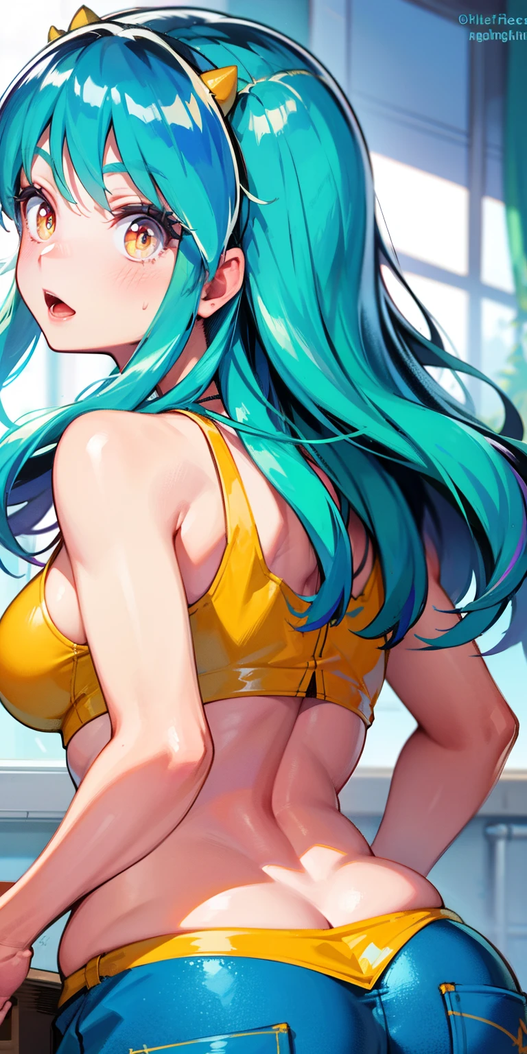 lum invader, detailed, realitsa, (bikini:.8), yellow clothes, masterpiece, best quality, hires, open mouth, tusk, ultra-detailed, multicolored eyes, beautiful eyes, detailed face, beautiful girl, big chest, blushing, (from four:.4) looking back, (emphasis on ass:.8)