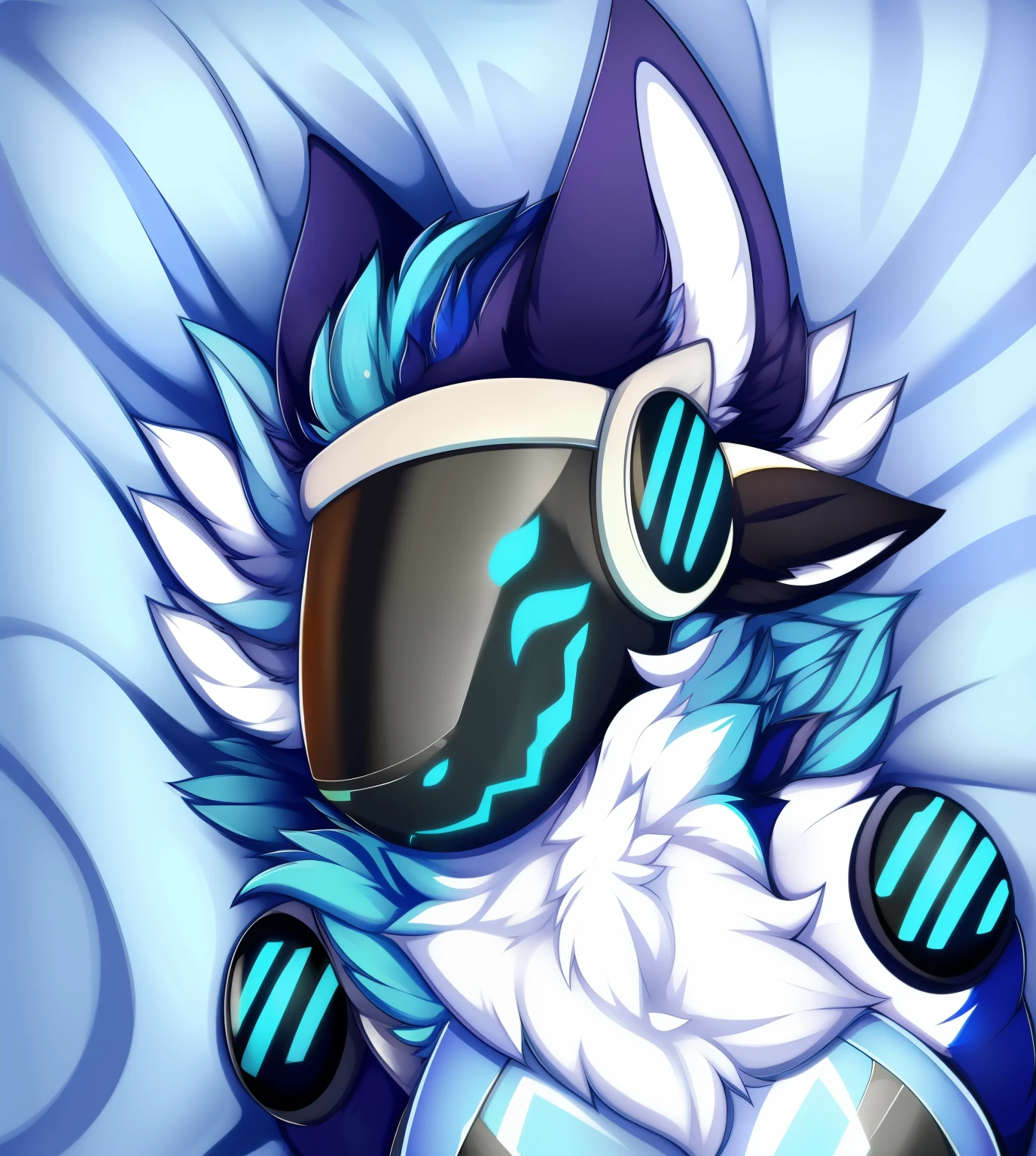 Protogène, (face protogen:1.1), (visor protogen:1.1), (chef-d'artwork, best quality, 4K, High quality), seulement, transpirer:1.5, body color:dark blue, face and eye color:cyan, neck fur color:white, nude, (Detailed face and eyes:1.0), huge breast:1.2, chubby:1, thick thighs:1.2, (wearing a transgender bra and thong), Bosses, Balance, detailed Balance, girl, pose in bed, sexy pose, background:bedroom, bedroom, lay on the bed, lay on the back, duvet, chest duvet, loin, camera in the distance, tout le corps, pattes, haricots, toeharicots, showing haricots, shiny haricots, showing genitals