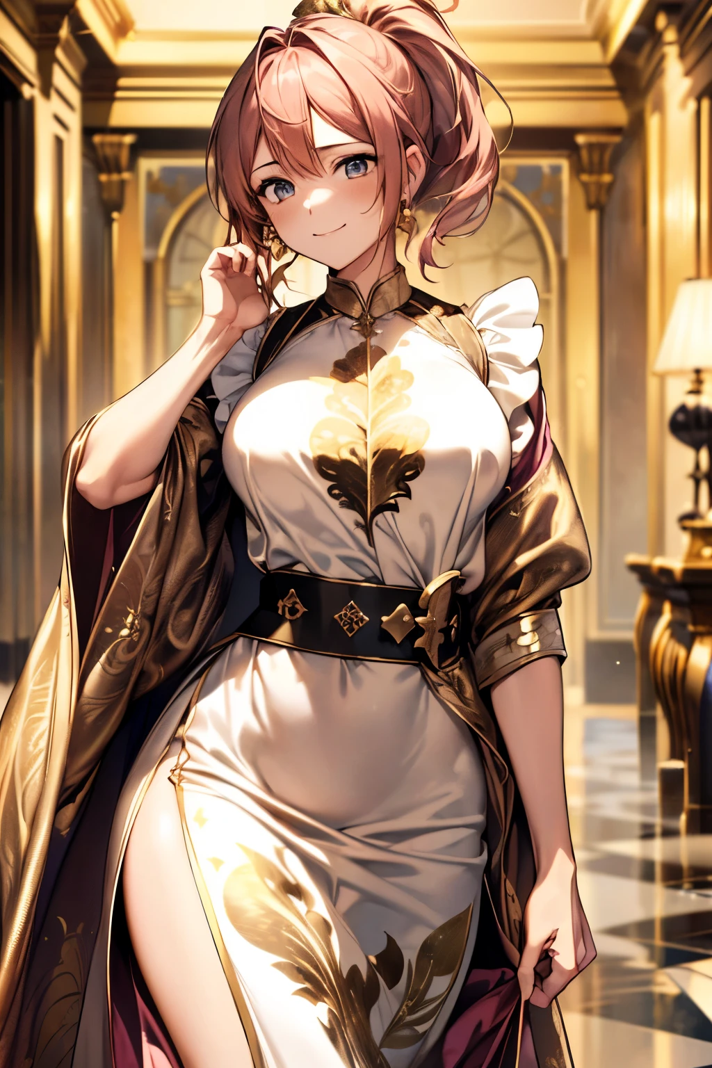 ((highest quality、8k、masterpiece:1.3)), (medium hair, ponytail, pink gold hair:1.5)、(cute gold leaf pattern,  Delicate finish, white fabric:1.4, maid dress:1.5), (gothic style), clear, fine-textured skin、beautiful clear eyes、cleavage、Carefree and natural smile、(My hair was messed up by the wind:1.3, big breasts)、beautiful girl with a smile、(thin waist:1.3)、(Dynamic and provocative pose:1.2)、(buckshot)