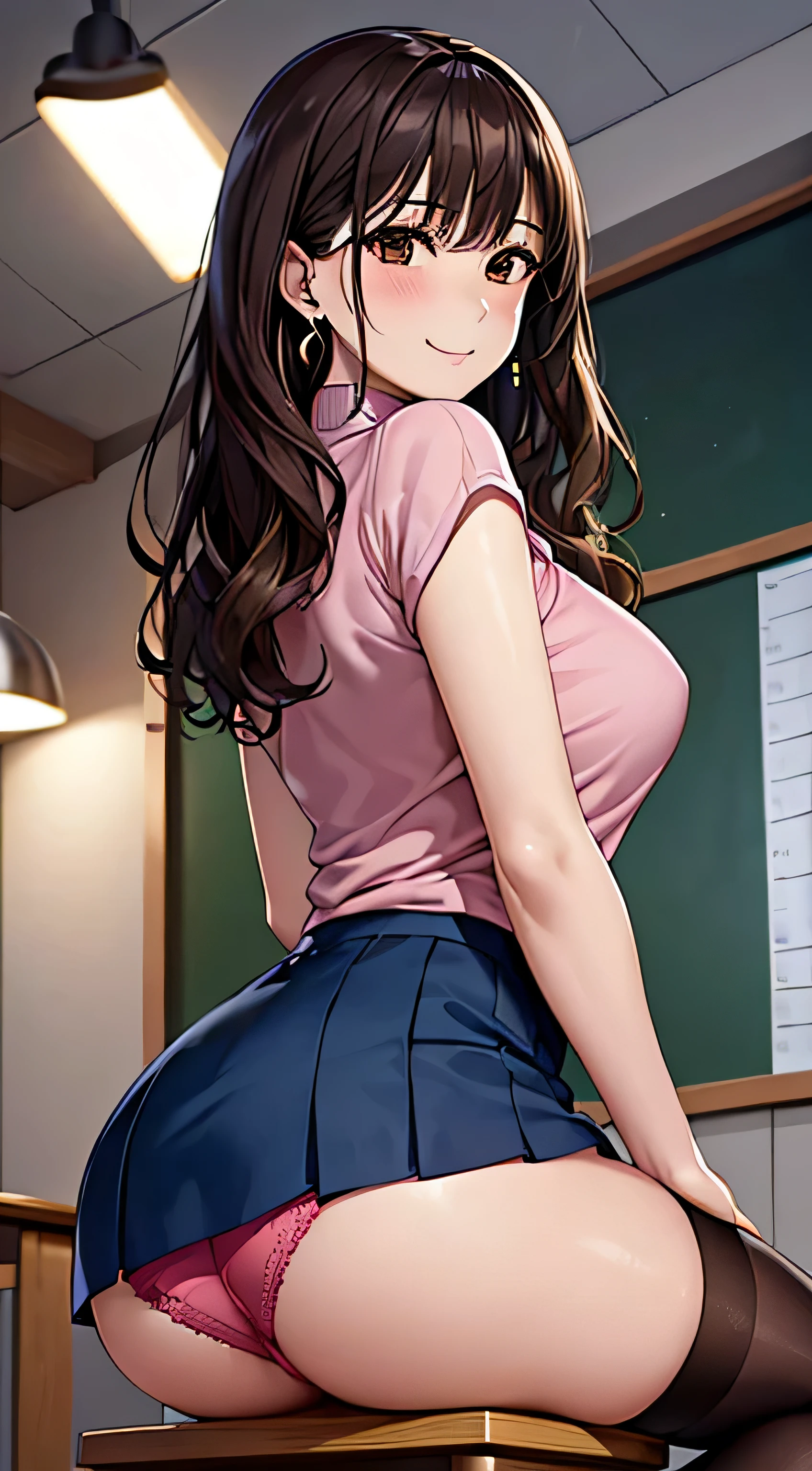 (table top, highest quality, High resolution, , perfect pixel, 4k,), 1 girl, single, alone, Beautiful woman、I could see the whole body、 ((Wavy mid-hair, bangs, brown hair)), ((brown eyes, beautiful eyelashes, realistic eyes)), ((detailed face, blush:1.2)), ((smooth texture:0.75, realistic texture:0.65, realistic:1.1, Anime CG style)), medium breasts, dynamic angle, perfect body, ((, female teacher, , earrings、necklace、turtleneck sweater、Dark blue flared skirt、black knee high stockings、open both legs wide、、shy smile、Sitting at the pulpit、leaning forward)), 、university classroom、、evening、、(pink lace panties are visible、、(Bring your chest and arms together、Lift up your skirt and show your panties、look back、cover your butt with both hands)、angle from below)、